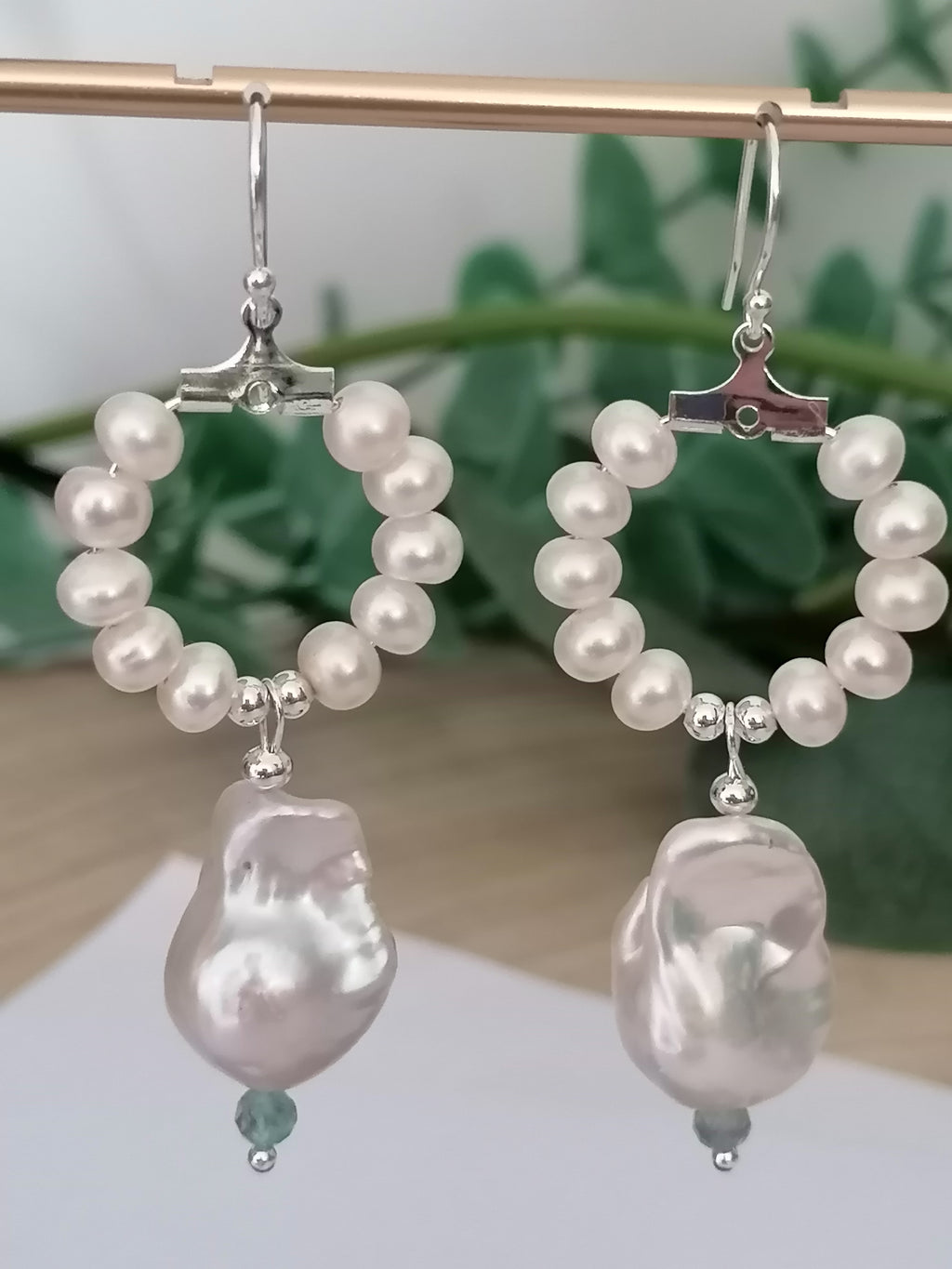 Baroque Flameball Pearl & Aquamarine Hoop Drop Earrings | 925 Sterling Silver