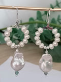 Baroque Flameball Pearl & Aquamarine Hoop Drop Earrings | 925 Sterling Silver