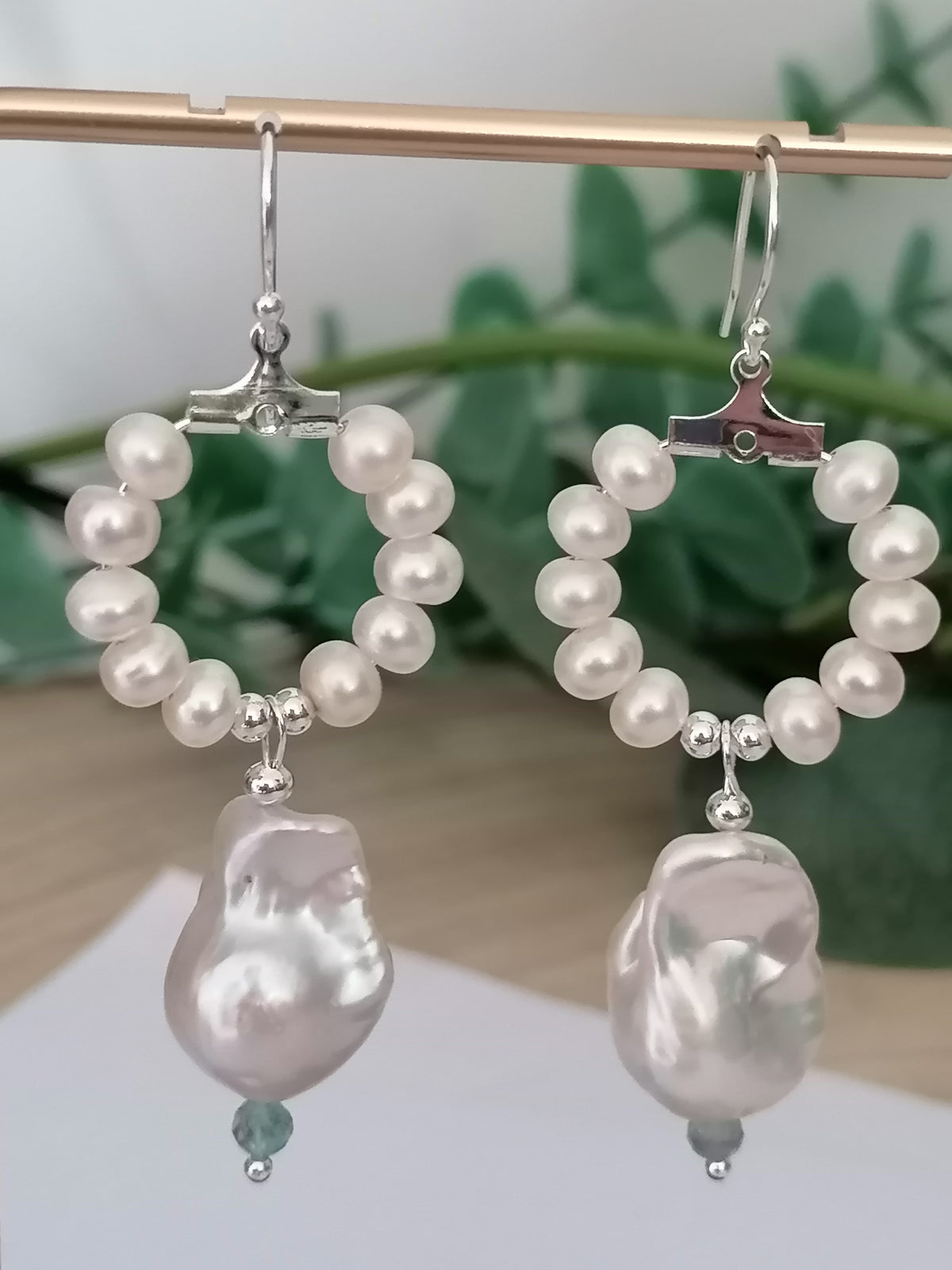 Baroque Flameball Pearl & Aquamarine Hoop Drop Earrings | 925 Sterling Silver