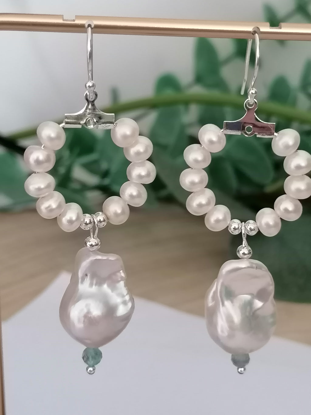 Baroque Flameball Pearl & Aquamarine Hoop Drop Earrings | 925 Sterling Silver