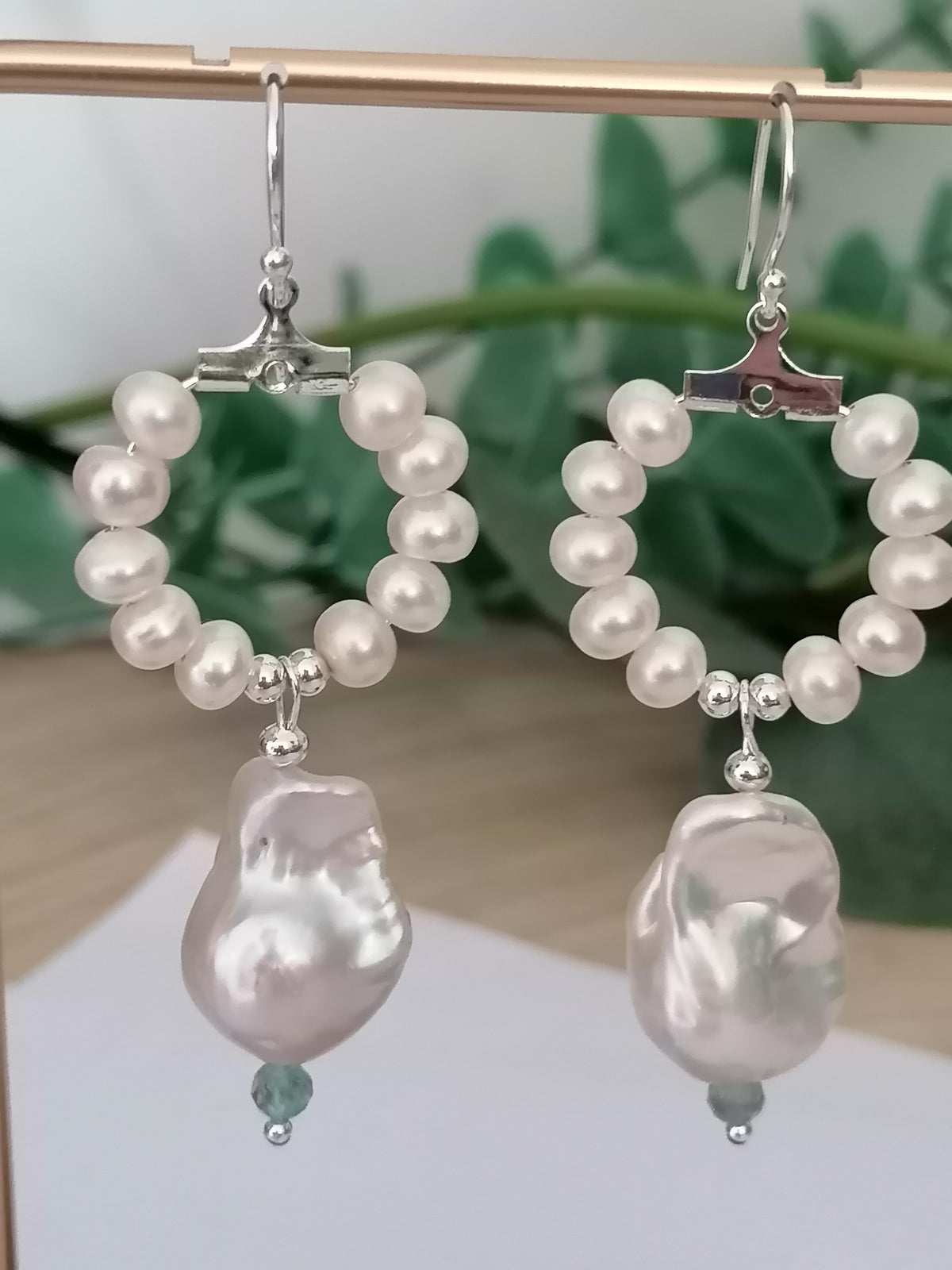 Baroque Flameball Pearl & Aquamarine Hoop Drop Earrings | 925 Sterling Silver