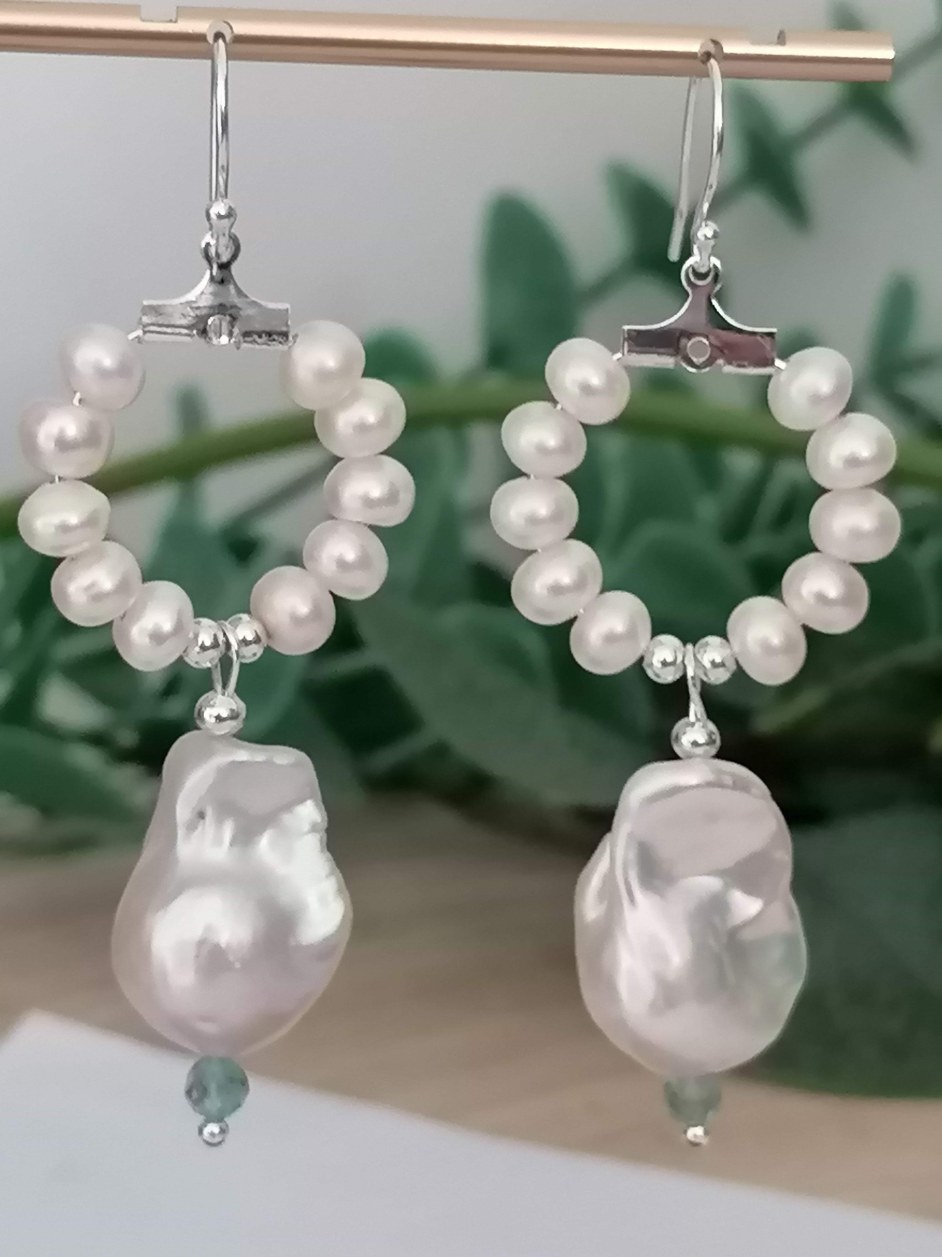 Baroque Flameball Pearl & Aquamarine Hoop Drop Earrings | 925 Sterling Silver