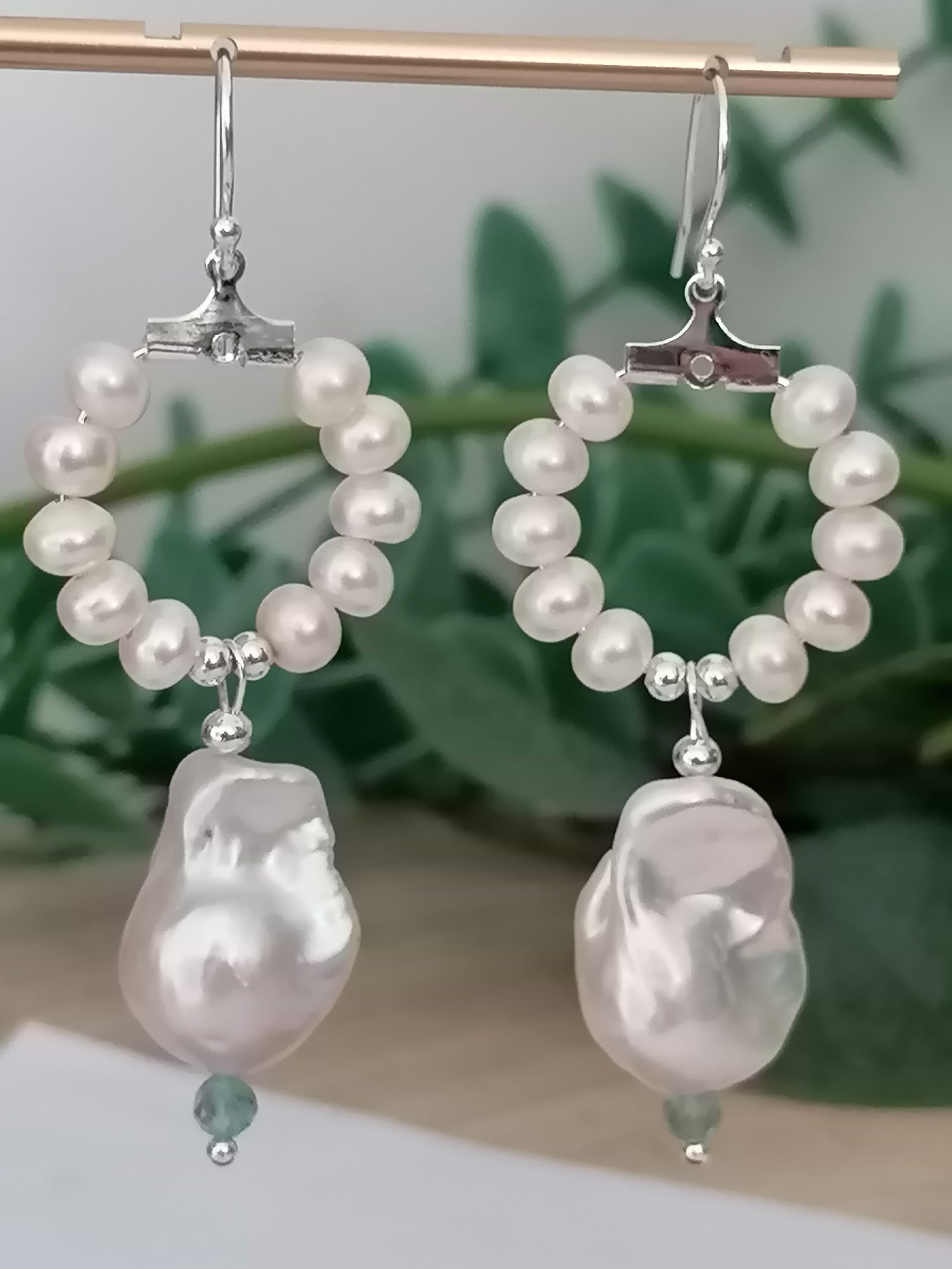 Baroque Flameball Pearl & Aquamarine Hoop Drop Earrings | 925 Sterling Silver