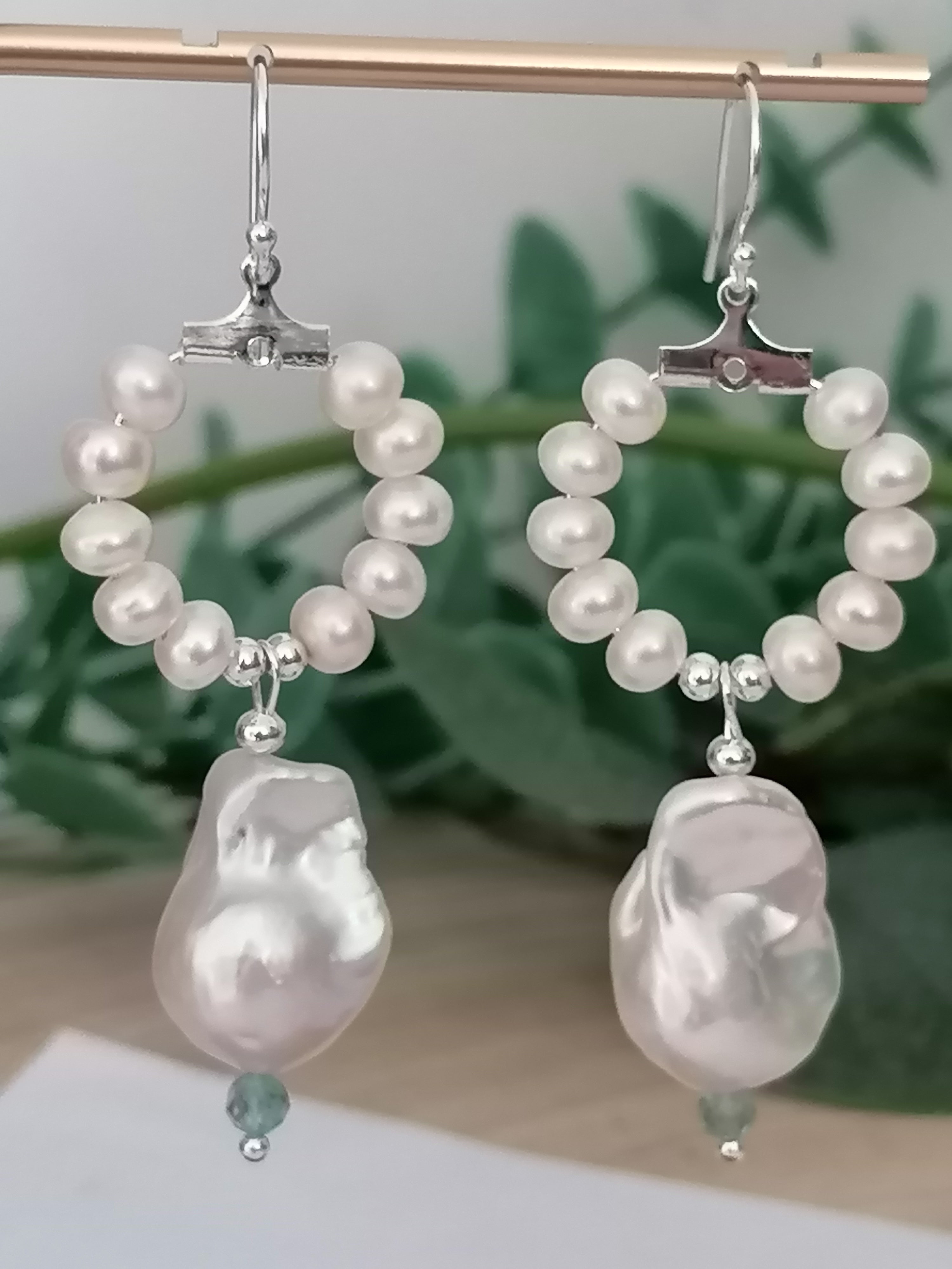 Baroque Flameball Pearl & Aquamarine Hoop Drop Earrings | 925 Sterling Silver