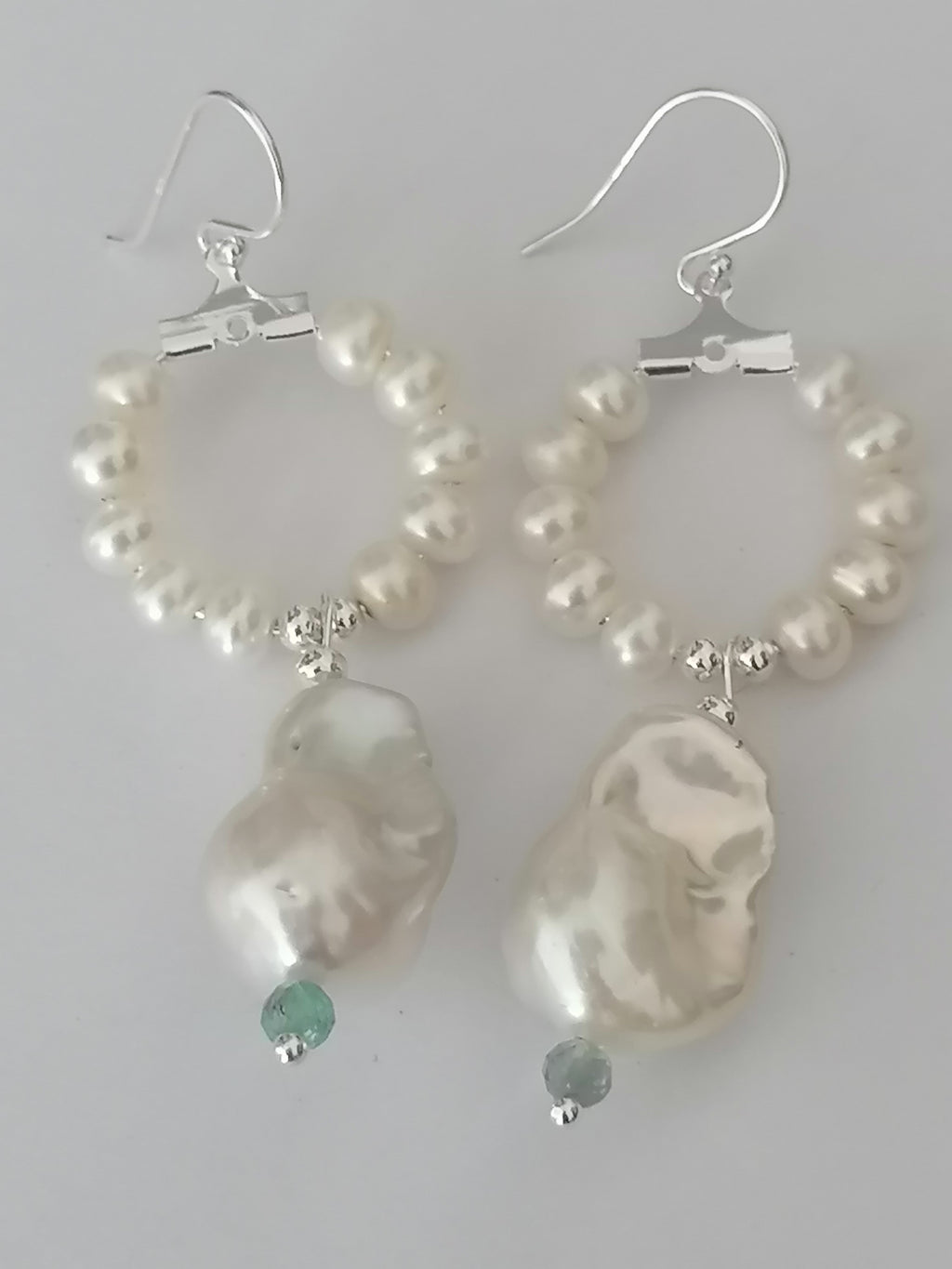 Baroque Flameball Pearl & Aquamarine Hoop Drop Earrings | 925 Sterling Silver