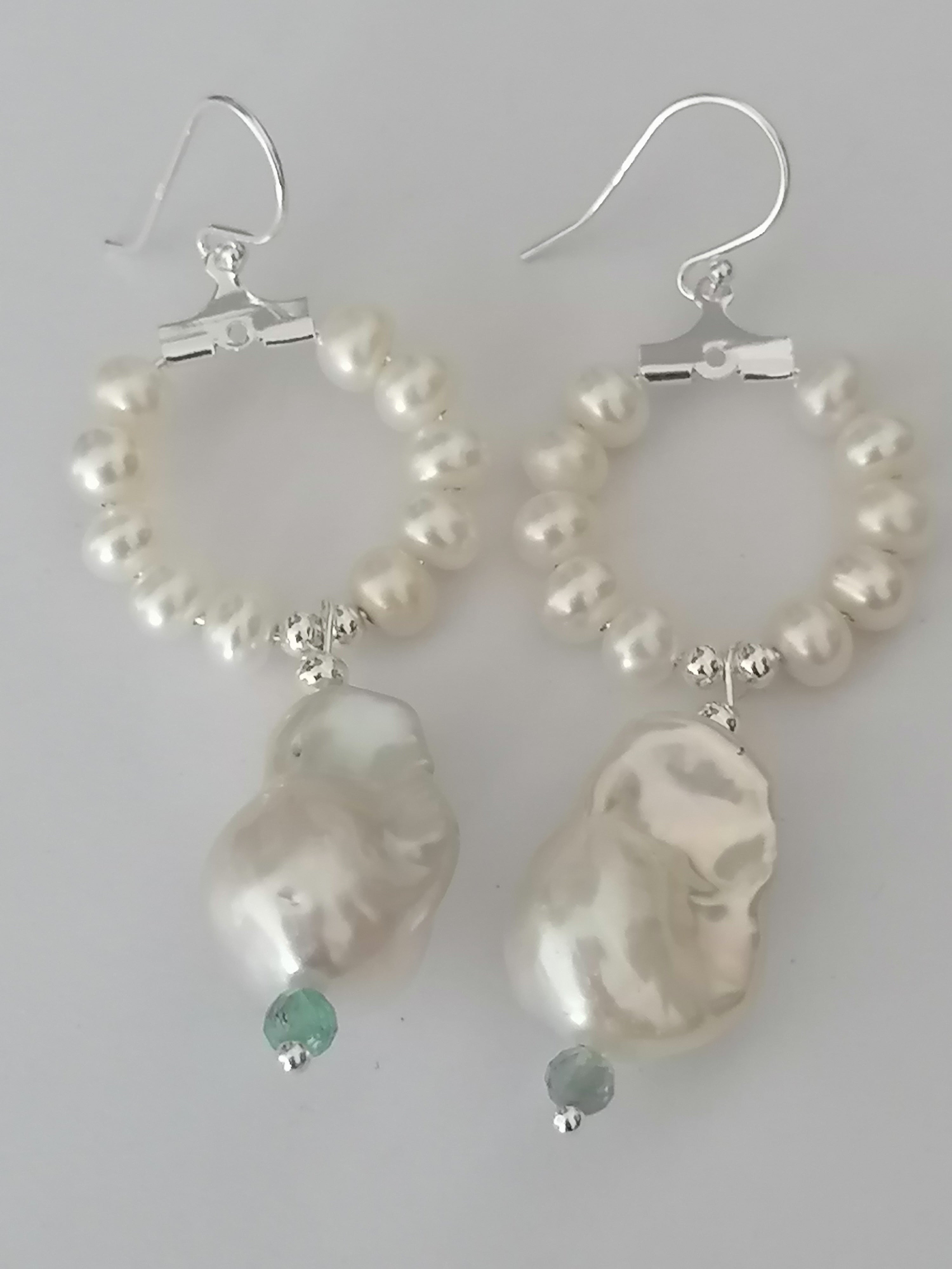 Baroque Flameball Pearl & Aquamarine Hoop Drop Earrings | 925 Sterling Silver