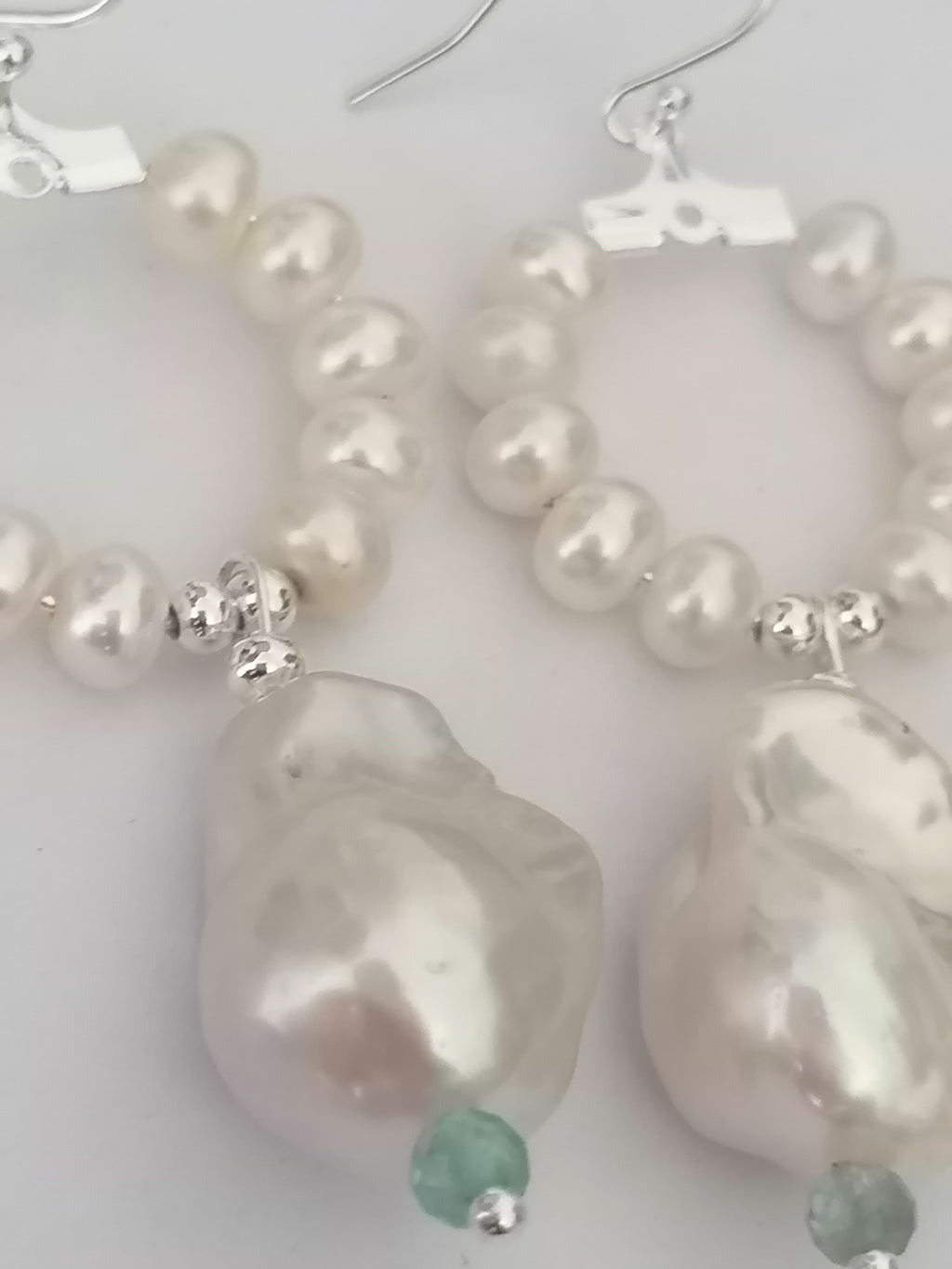 Baroque Flameball Pearl & Aquamarine Hoop Drop Earrings | 925 Sterling Silver