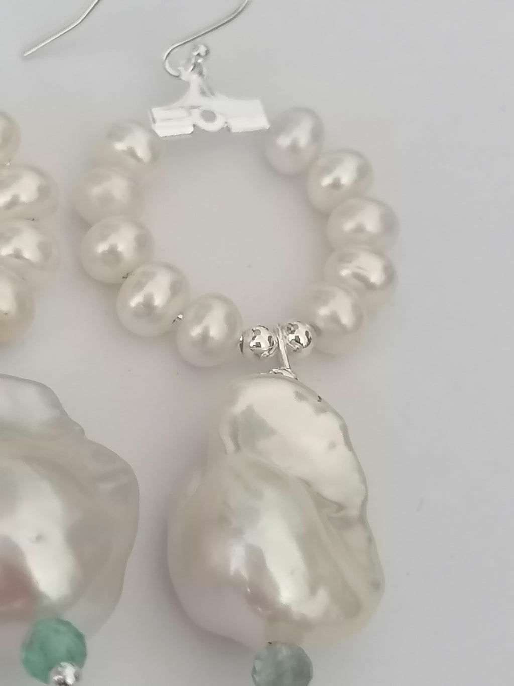 Baroque Flameball Pearl & Aquamarine Hoop Drop Earrings | 925 Sterling Silver