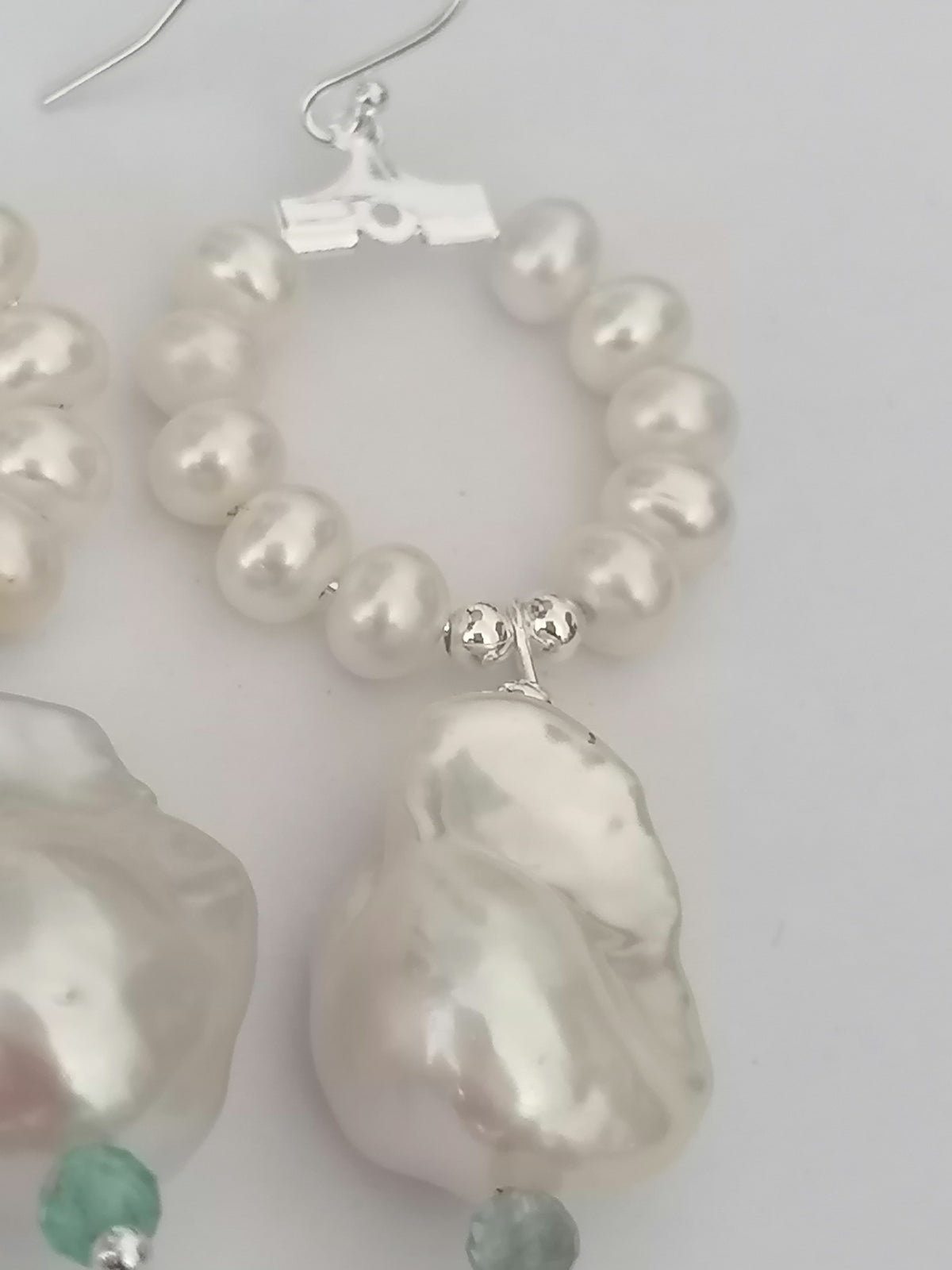 Baroque Flameball Pearl & Aquamarine Hoop Drop Earrings | 925 Sterling Silver