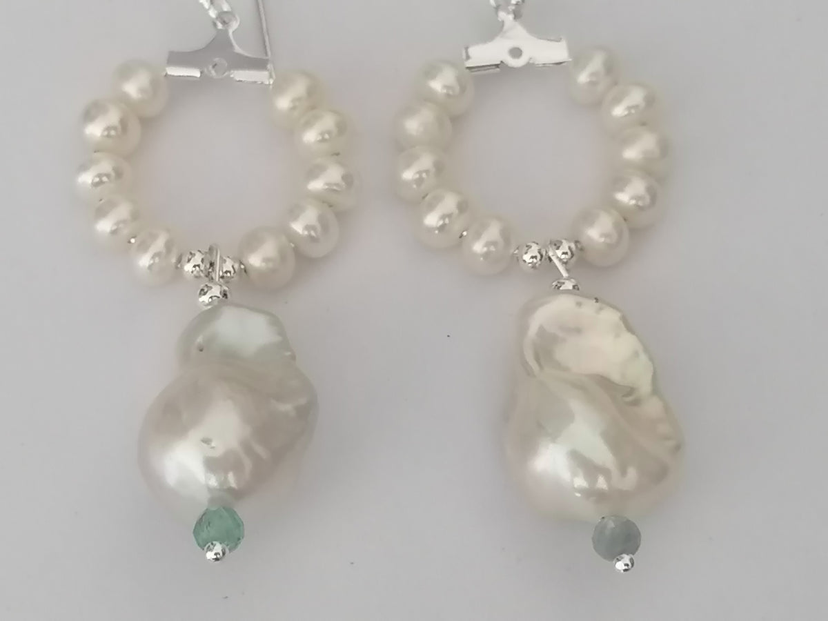 Baroque Flameball Pearl & Aquamarine Hoop Drop Earrings | 925 Sterling Silver