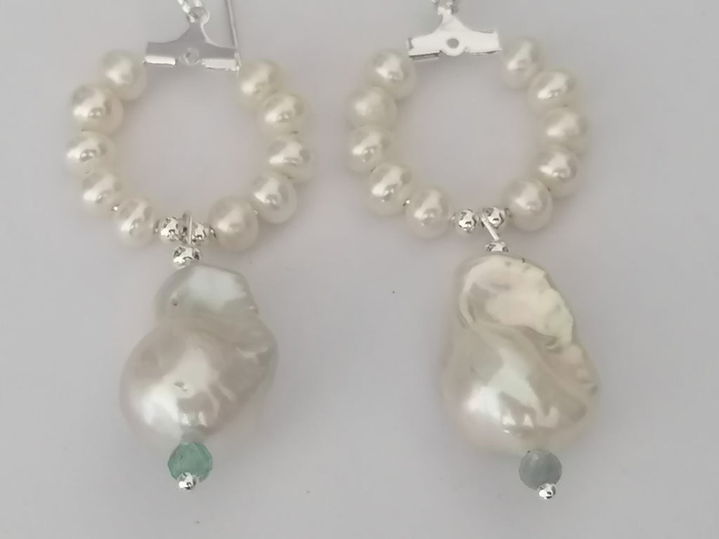 Baroque Flameball Pearl & Aquamarine Hoop Drop Earrings | 925 Sterling Silver