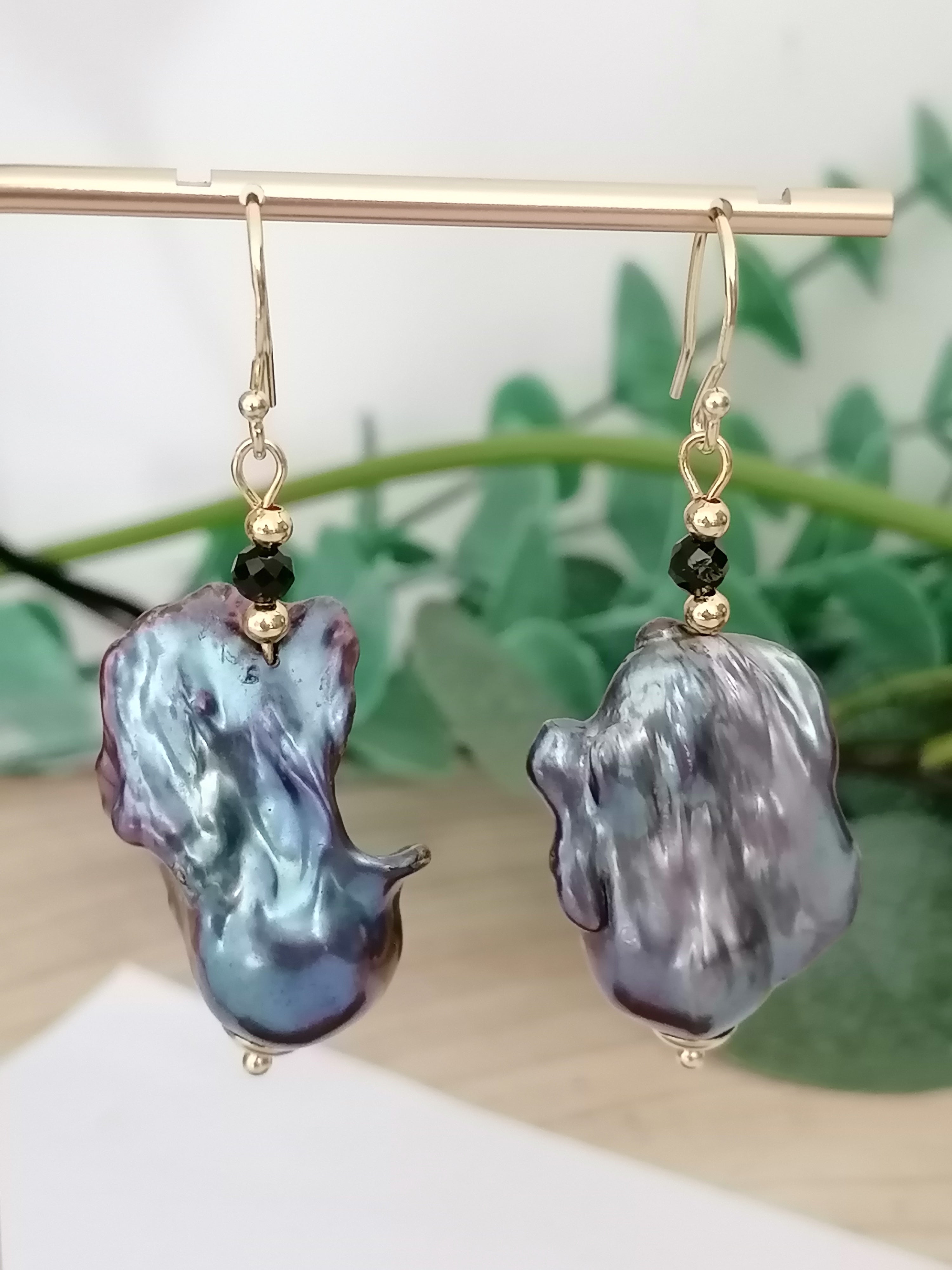Peacock Baroque Flameball Pearl & Black Tourmaline Drop Earrings | 24ct Gold Vermeil