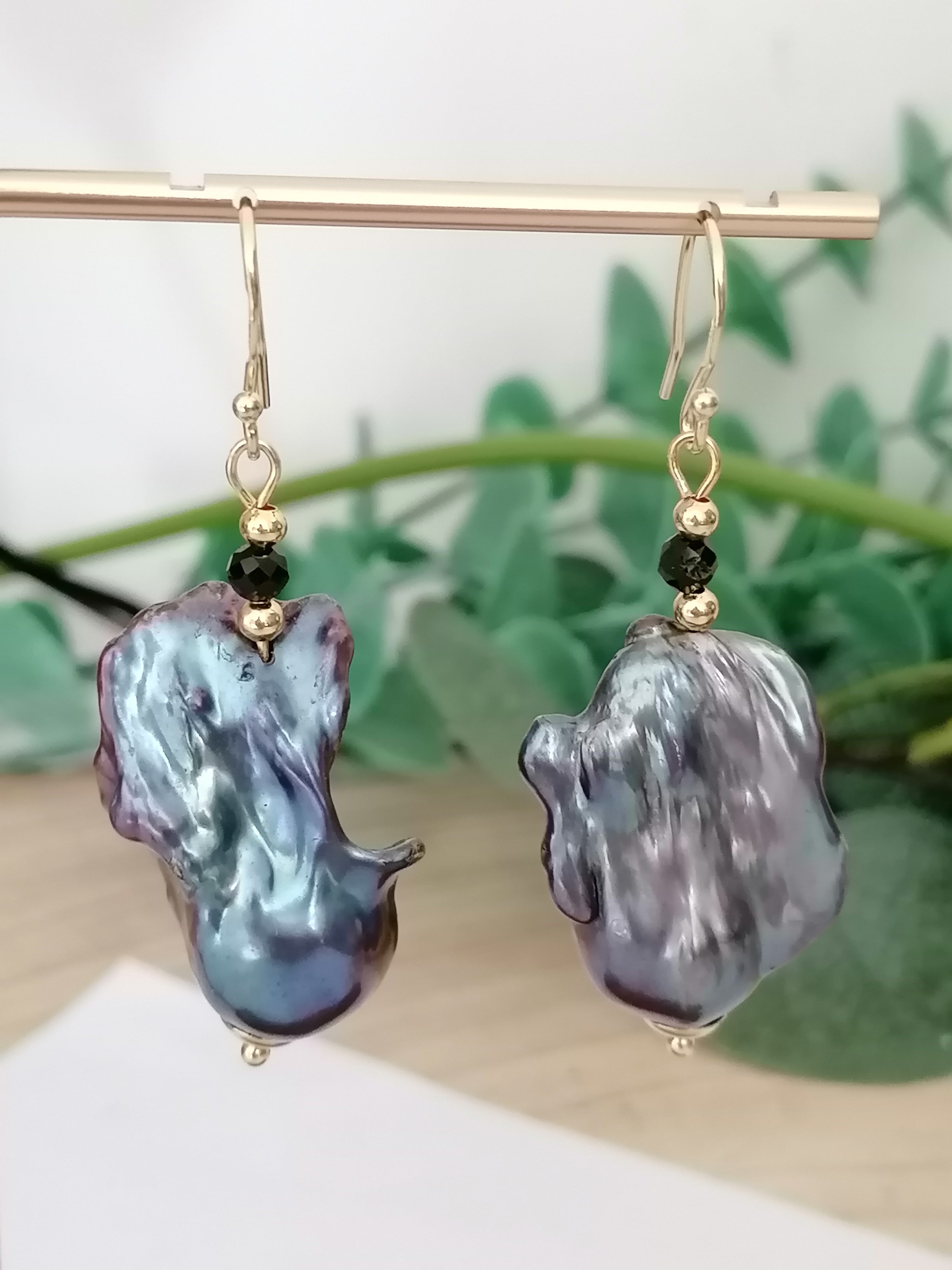 Peacock Baroque Flameball Pearl & Black Tourmaline Drop Earrings | 24ct Gold Vermeil