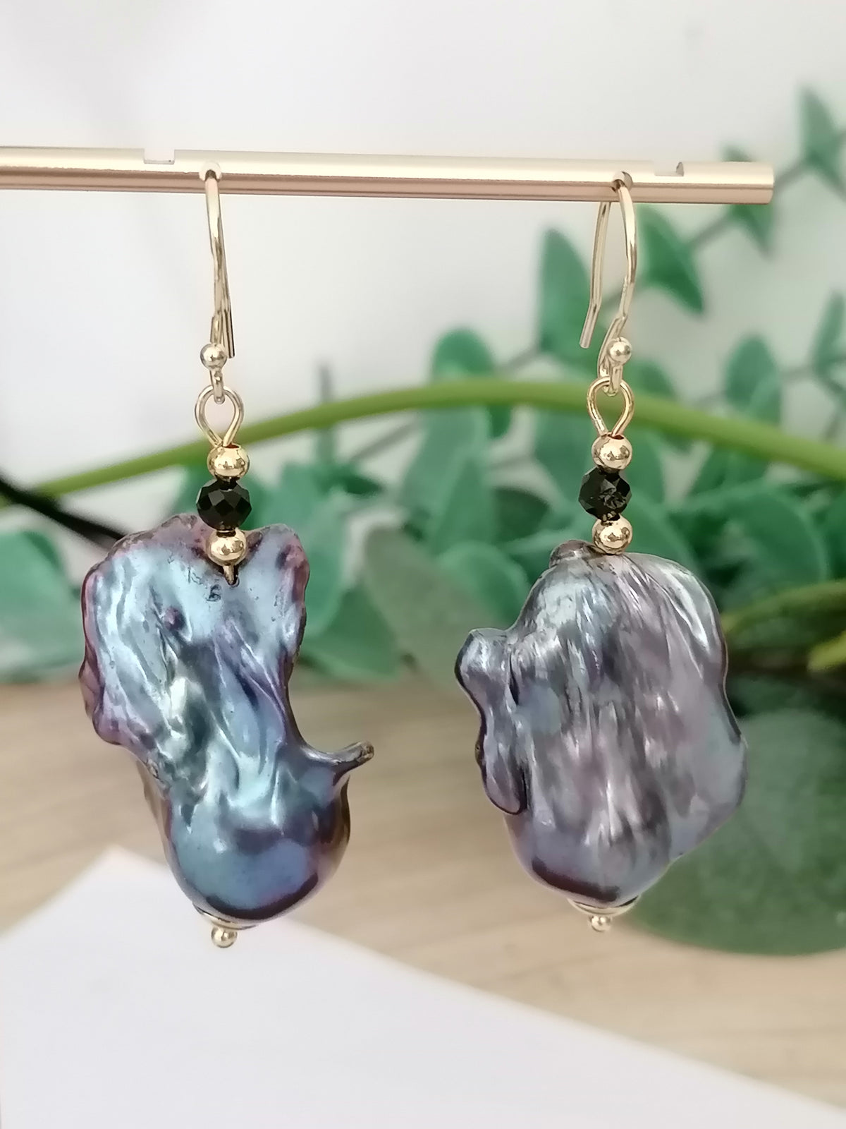 Peacock Baroque Flameball Pearl & Black Tourmaline Drop Earrings | 24ct Gold Vermeil