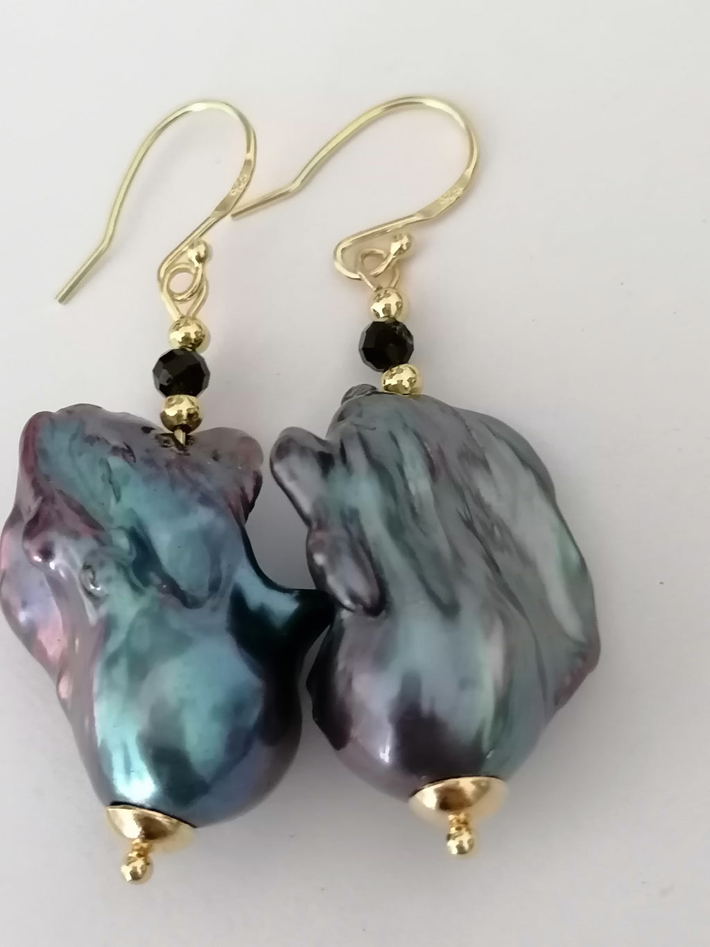 Peacock Baroque Flameball Pearl & Black Tourmaline Drop Earrings | 24ct Gold Vermeil