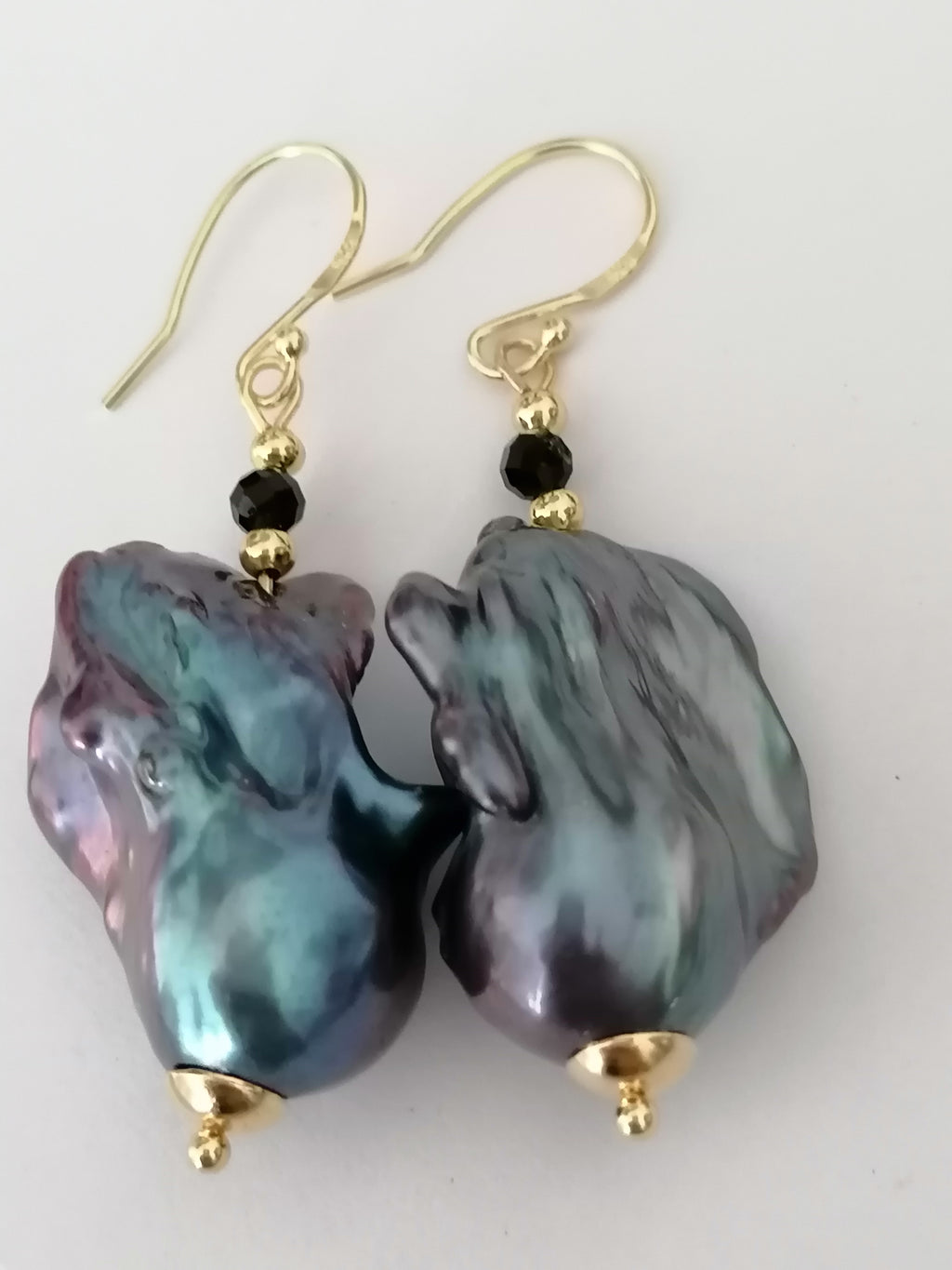 Peacock Baroque Flameball Pearl & Black Tourmaline Drop Earrings | 24ct Gold Vermeil