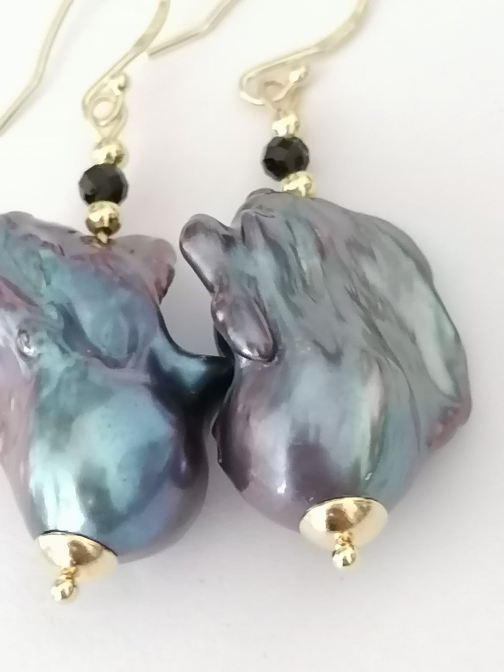 Peacock Baroque Flameball Pearl & Black Tourmaline Drop Earrings | 24ct Gold Vermeil