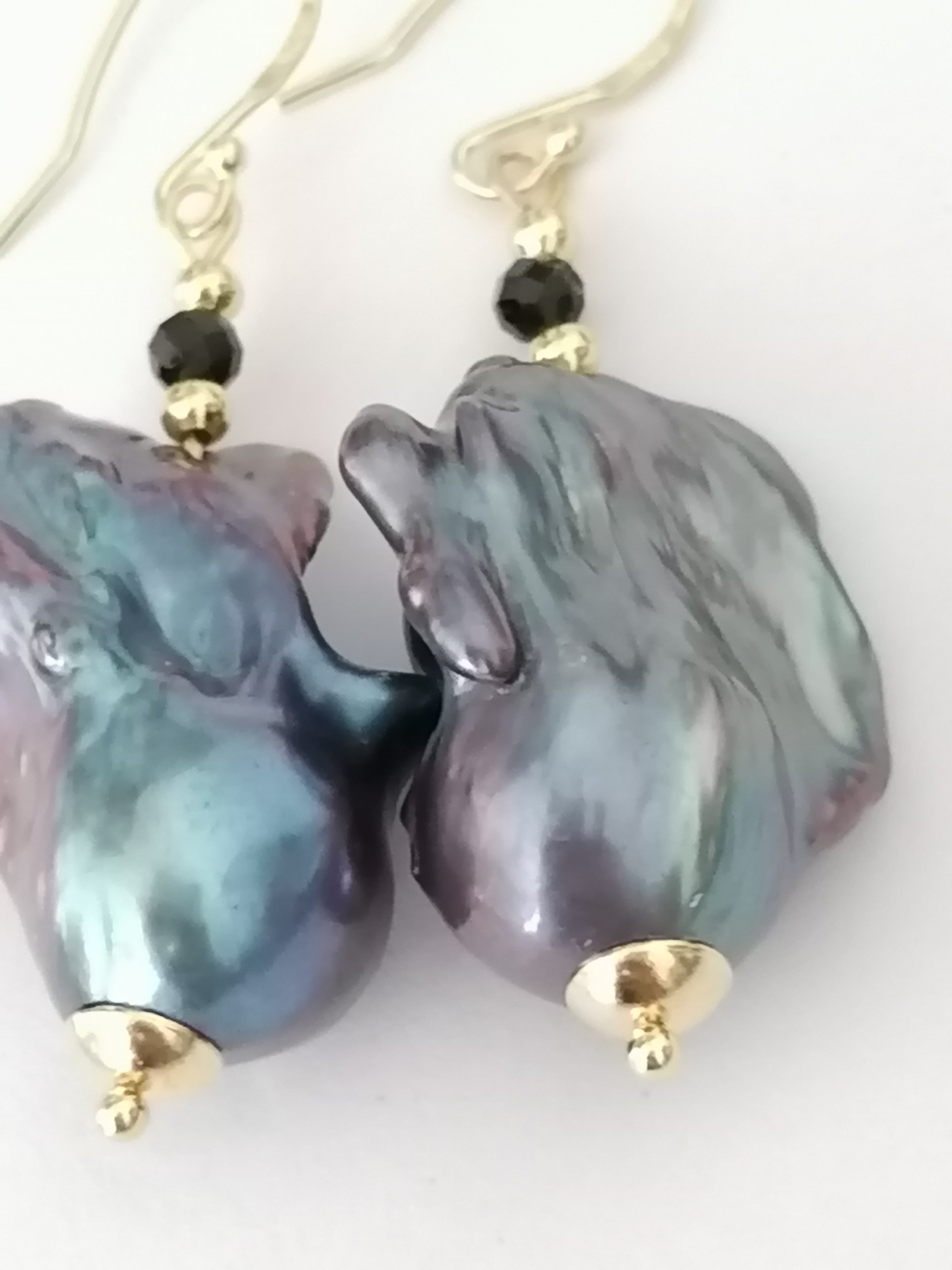 Peacock Baroque Flameball Pearl & Black Tourmaline Drop Earrings | 24ct Gold Vermeil