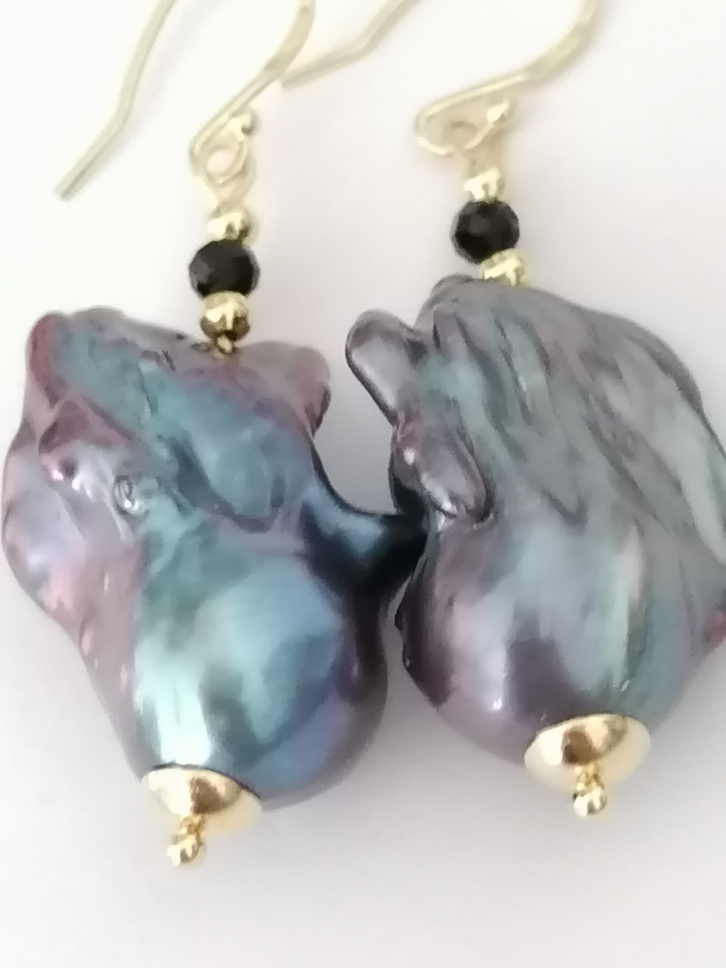 Peacock Baroque Flameball Pearl & Black Tourmaline Drop Earrings | 24ct Gold Vermeil