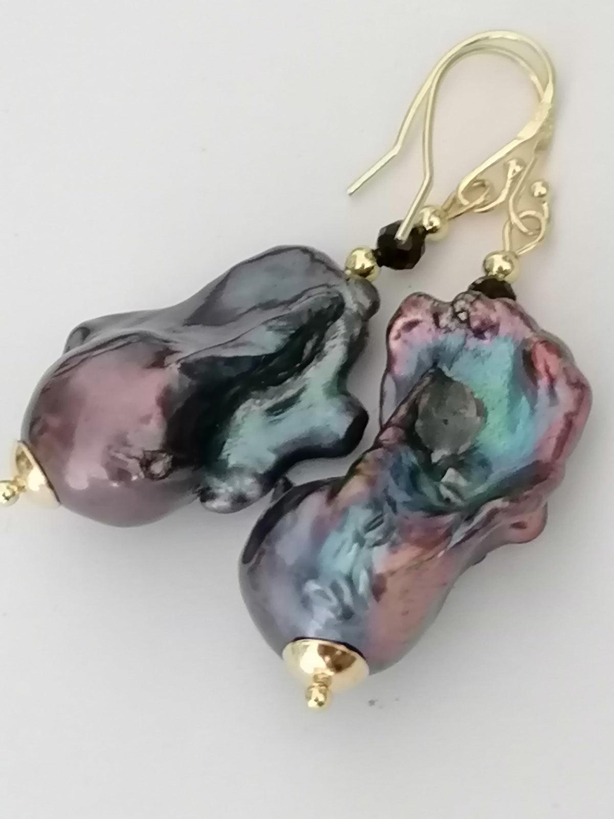 Peacock Baroque Flameball Pearl & Black Tourmaline Drop Earrings | 24ct Gold Vermeil