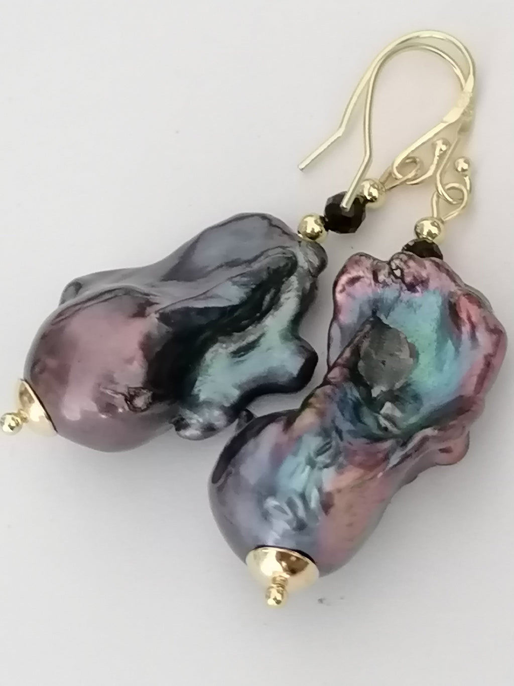 Peacock Baroque Flameball Pearl & Black Tourmaline Drop Earrings | 24ct Gold Vermeil