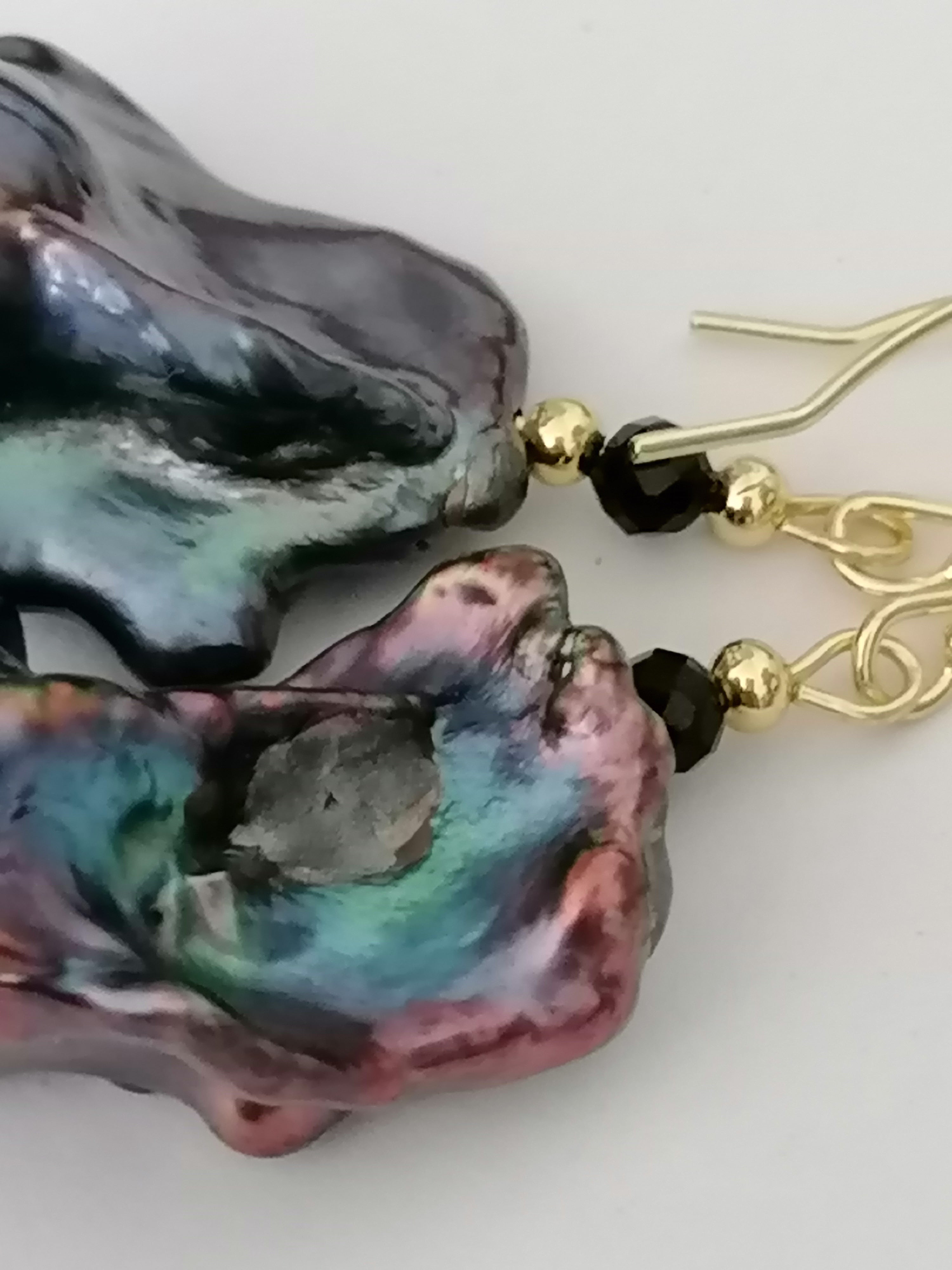 Peacock Baroque Flameball Pearl & Black Tourmaline Drop Earrings | 24ct Gold Vermeil