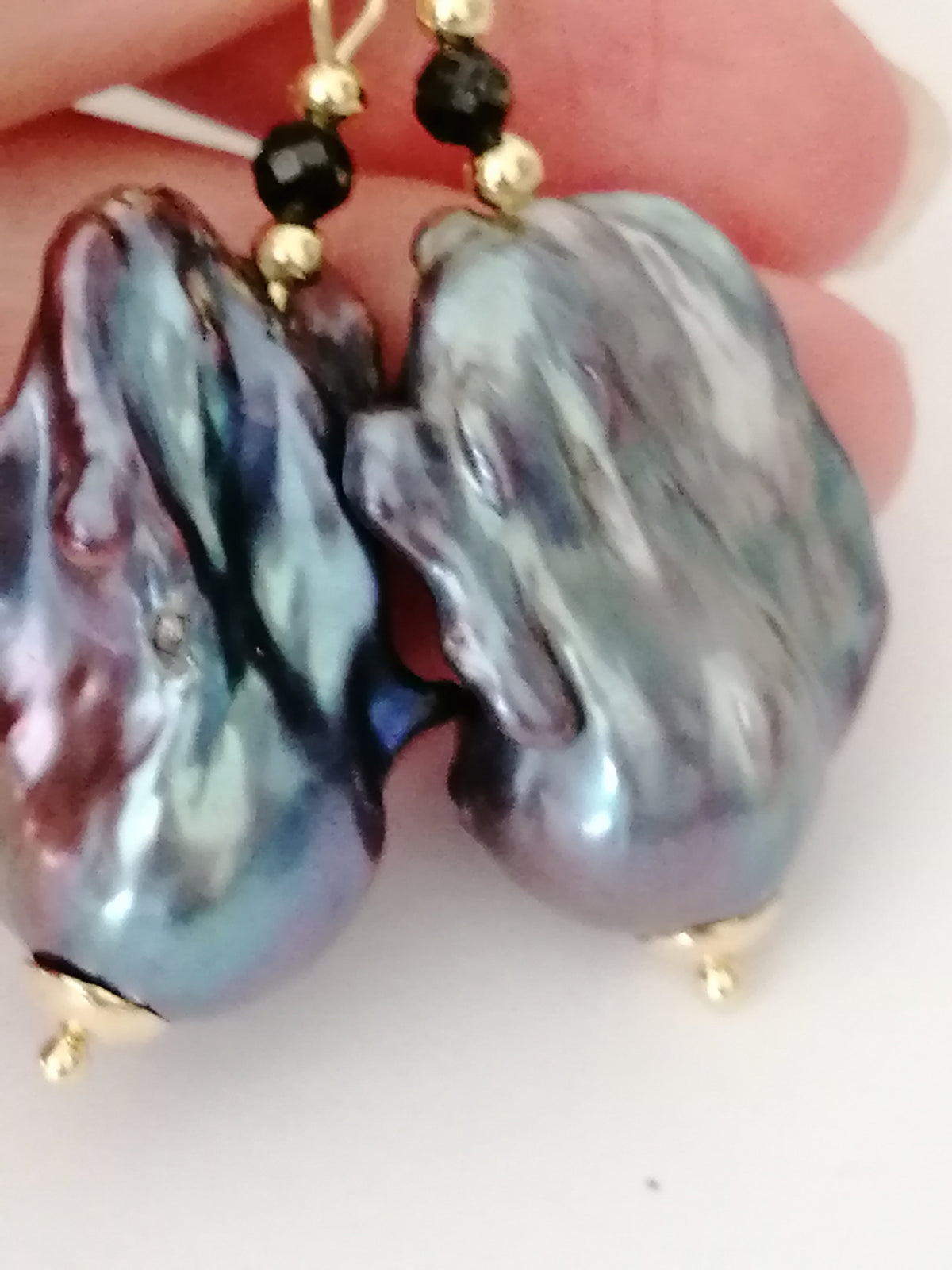 Peacock Baroque Flameball Pearl & Black Tourmaline Drop Earrings | 24ct Gold Vermeil