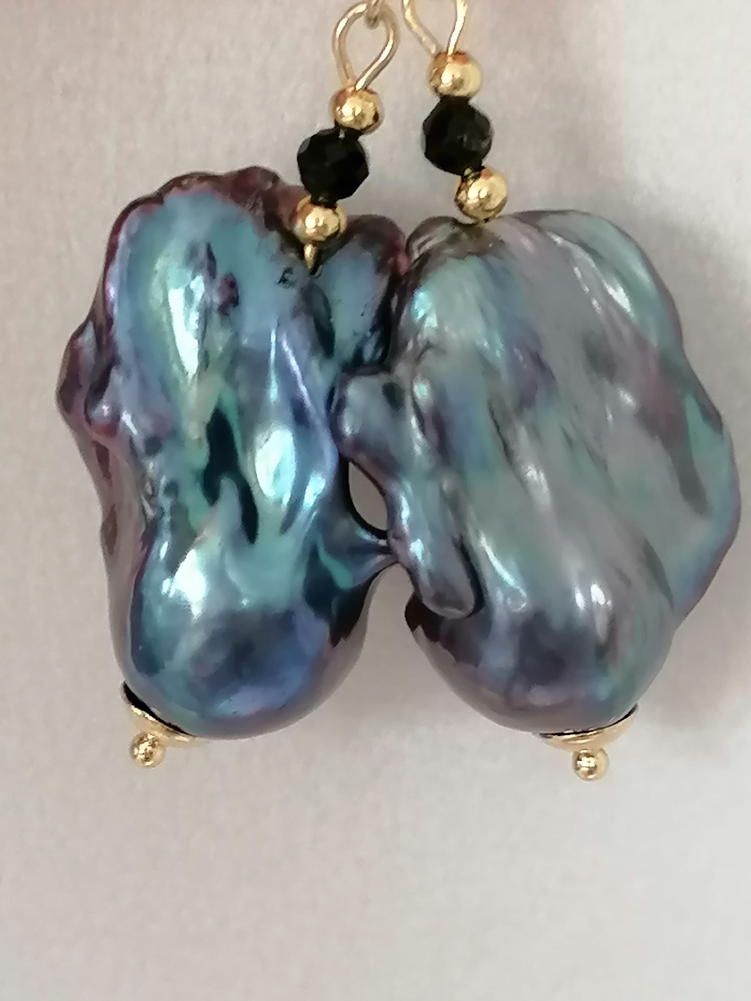 Peacock Baroque Flameball Pearl & Black Tourmaline Drop Earrings | 24ct Gold Vermeil