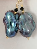 Peacock Baroque Flameball Pearl & Black Tourmaline Drop Earrings | 24ct Gold Vermeil