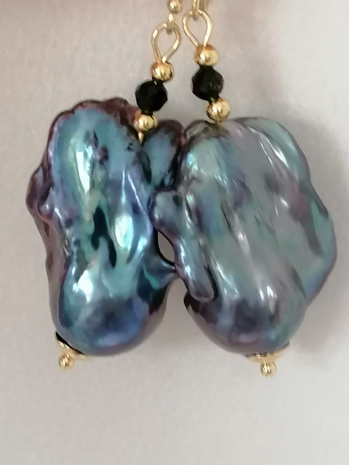 Peacock Baroque Flameball Pearl & Black Tourmaline Drop Earrings | 24ct Gold Vermeil