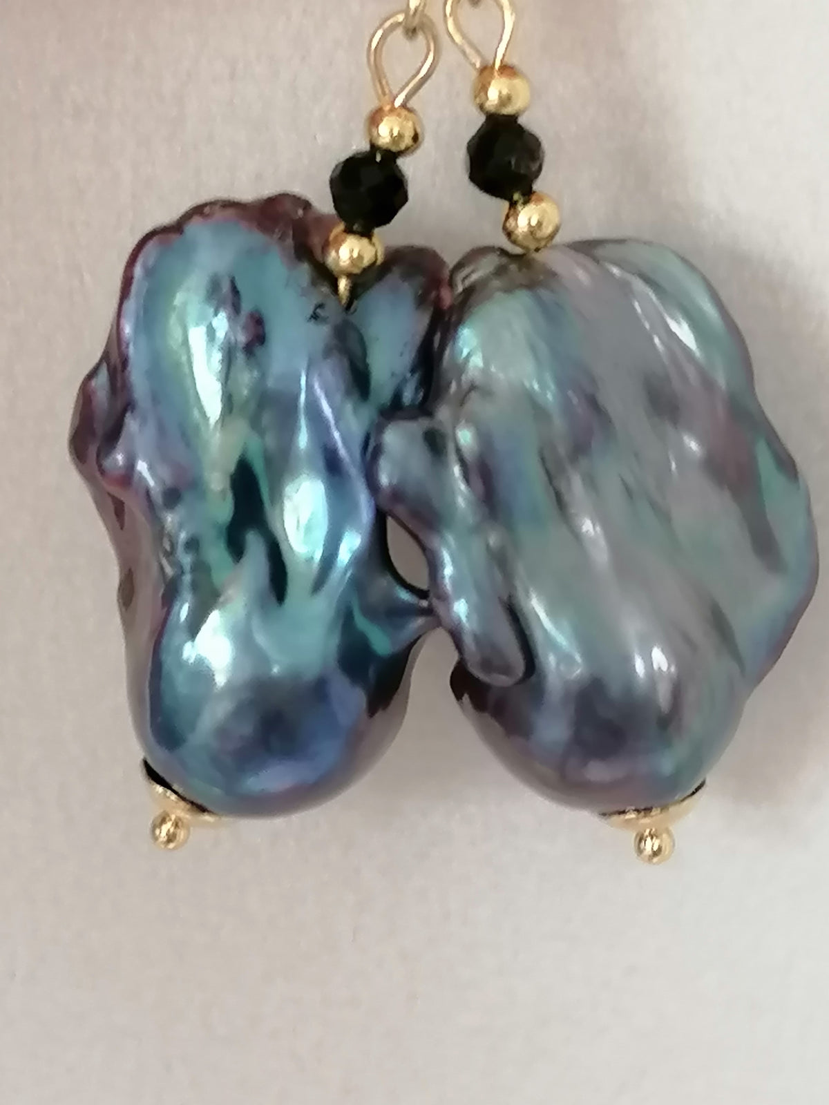 Peacock Baroque Flameball Pearl & Black Tourmaline Drop Earrings | 24ct Gold Vermeil