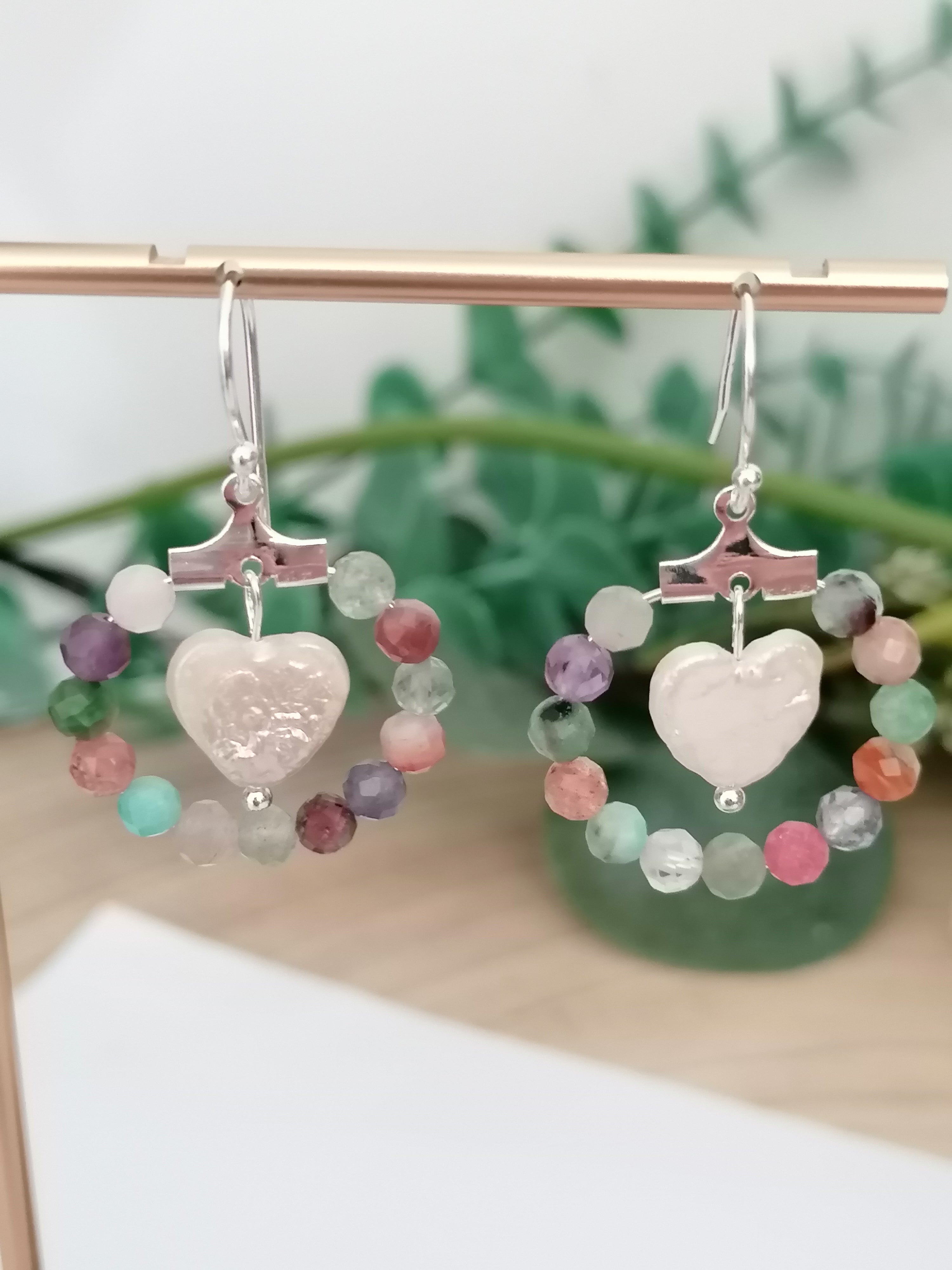 Semi-Precious Gemstone Hoop & Baroque Heart Pearl Earrings | 925 Sterling Silver