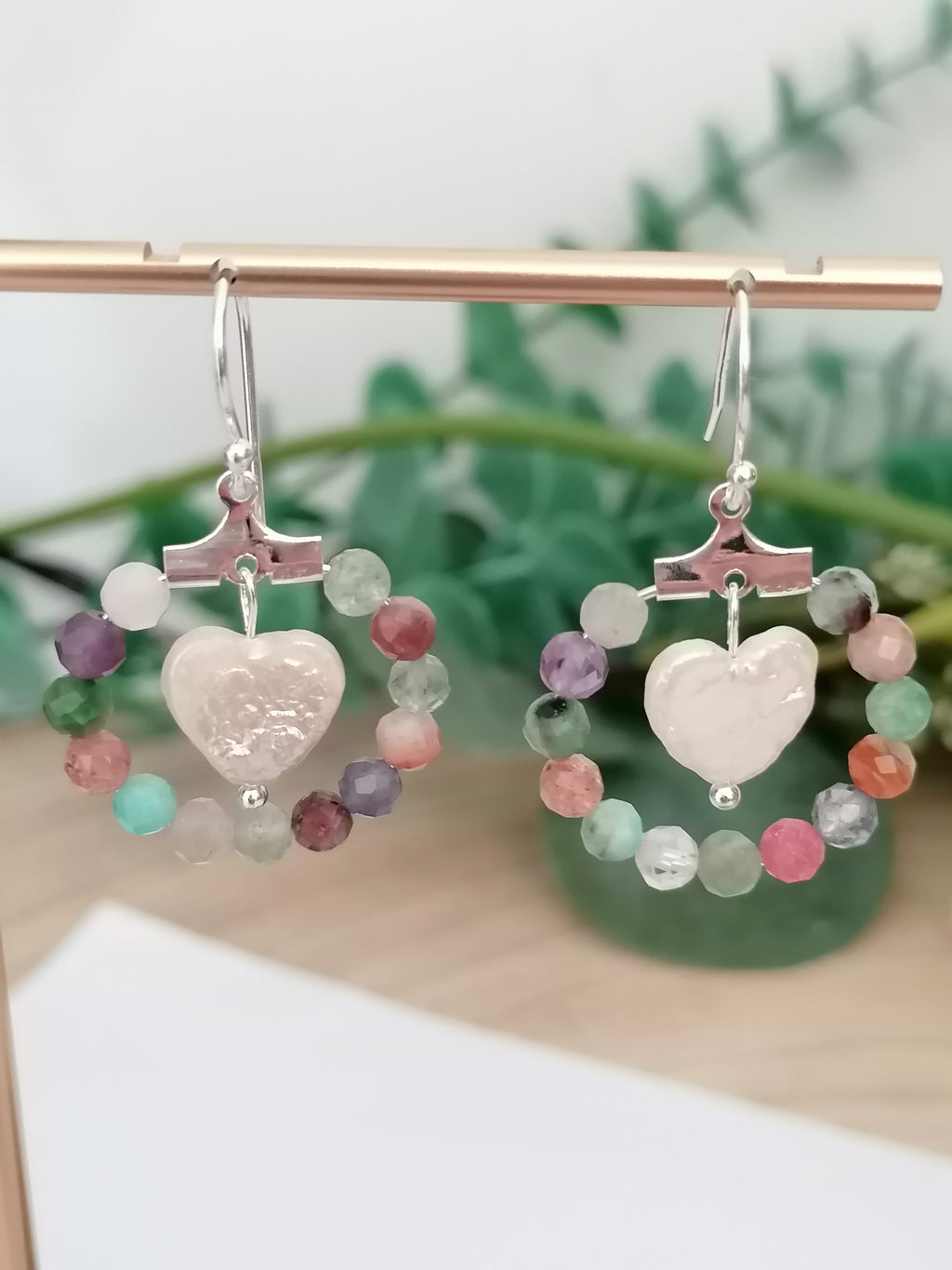 Semi-Precious Gemstone Hoop & Baroque Heart Pearl Earrings | 925 Sterling Silver