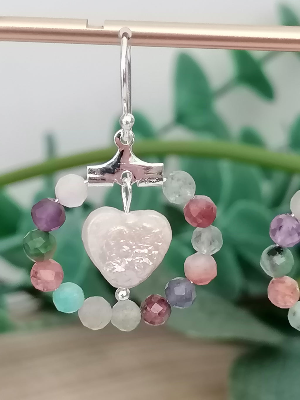 Semi-Precious Gemstone Hoop & Baroque Heart Pearl Earrings | 925 Sterling Silver