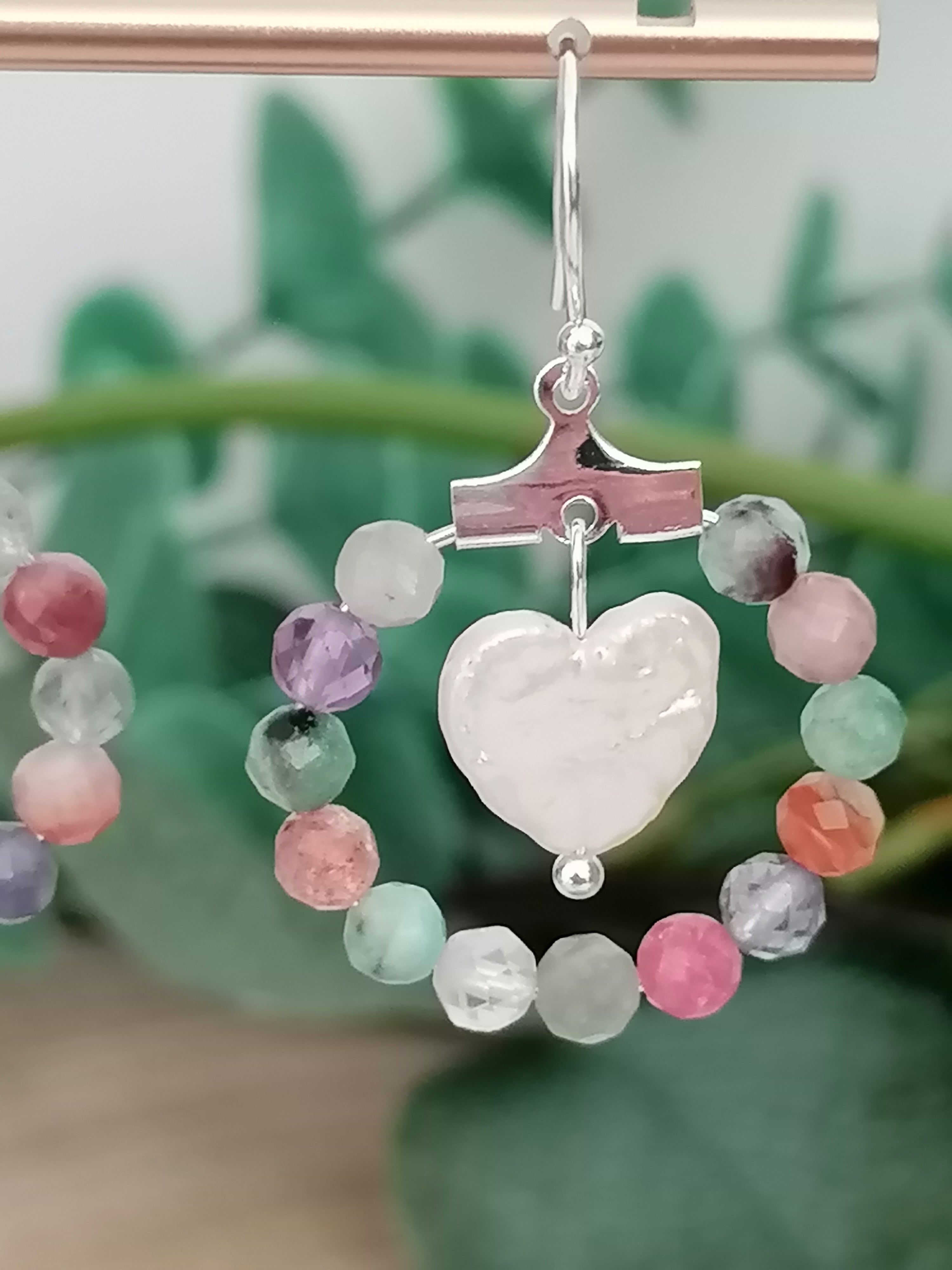 Semi-Precious Gemstone Hoop & Baroque Heart Pearl Earrings | 925 Sterling Silver