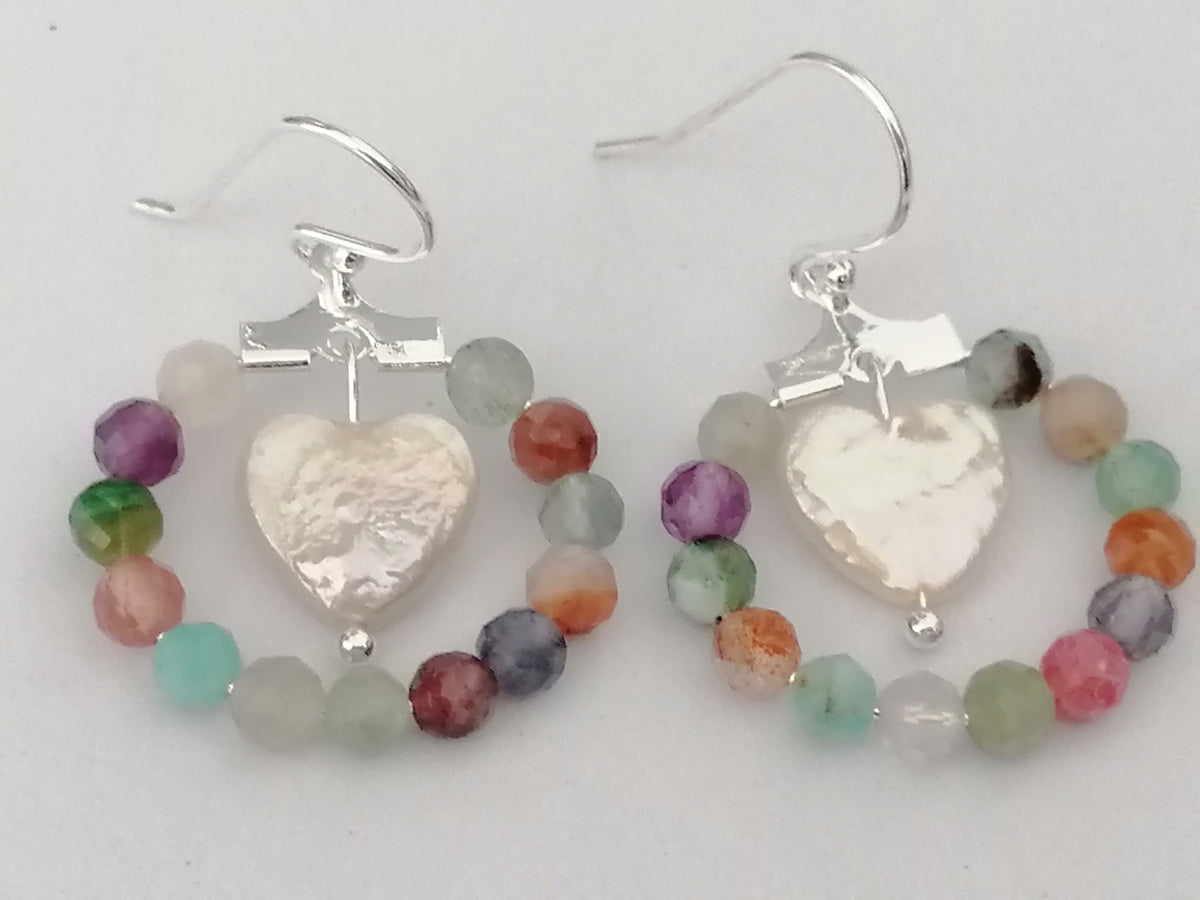 Semi-Precious Gemstone Hoop & Baroque Heart Pearl Earrings | 925 Sterling Silver