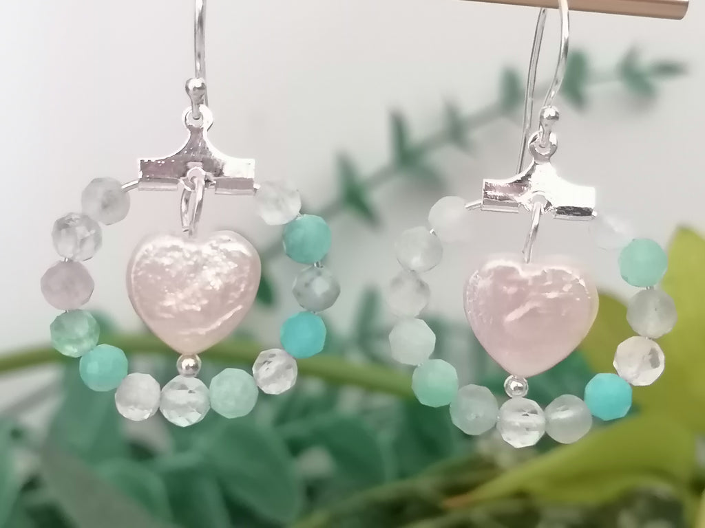 Aqua Gemstone Hoop & Baroque Heart Pearl Earrings | 925 Sterling Silver