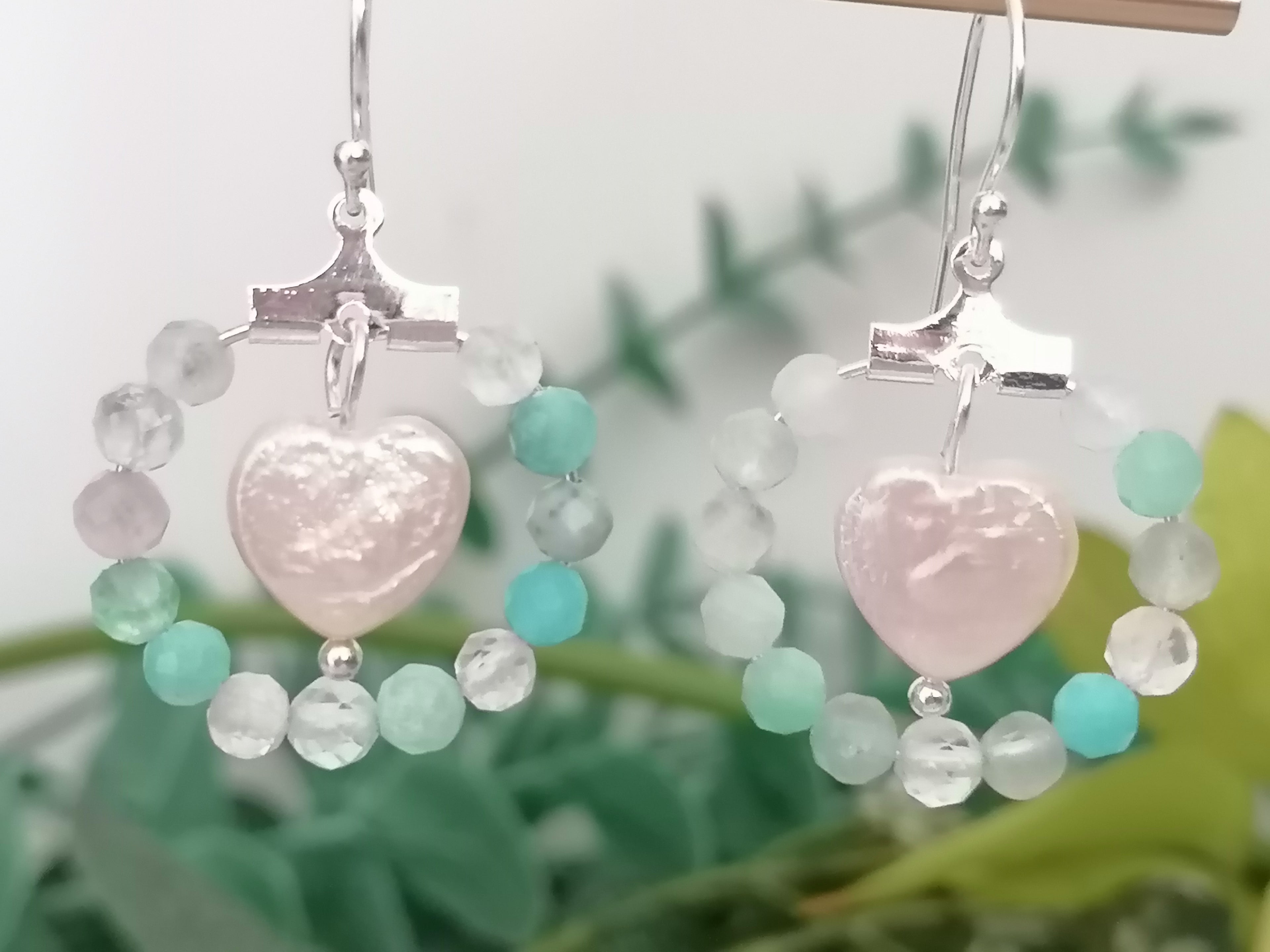Aqua Gemstone Hoop & Baroque Heart Pearl Earrings | 925 Sterling Silver
