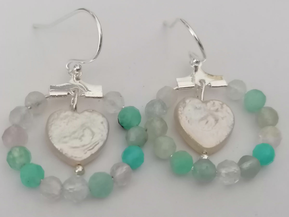 Aqua Gemstone Hoop & Baroque Heart Pearl Earrings | 925 Sterling Silver