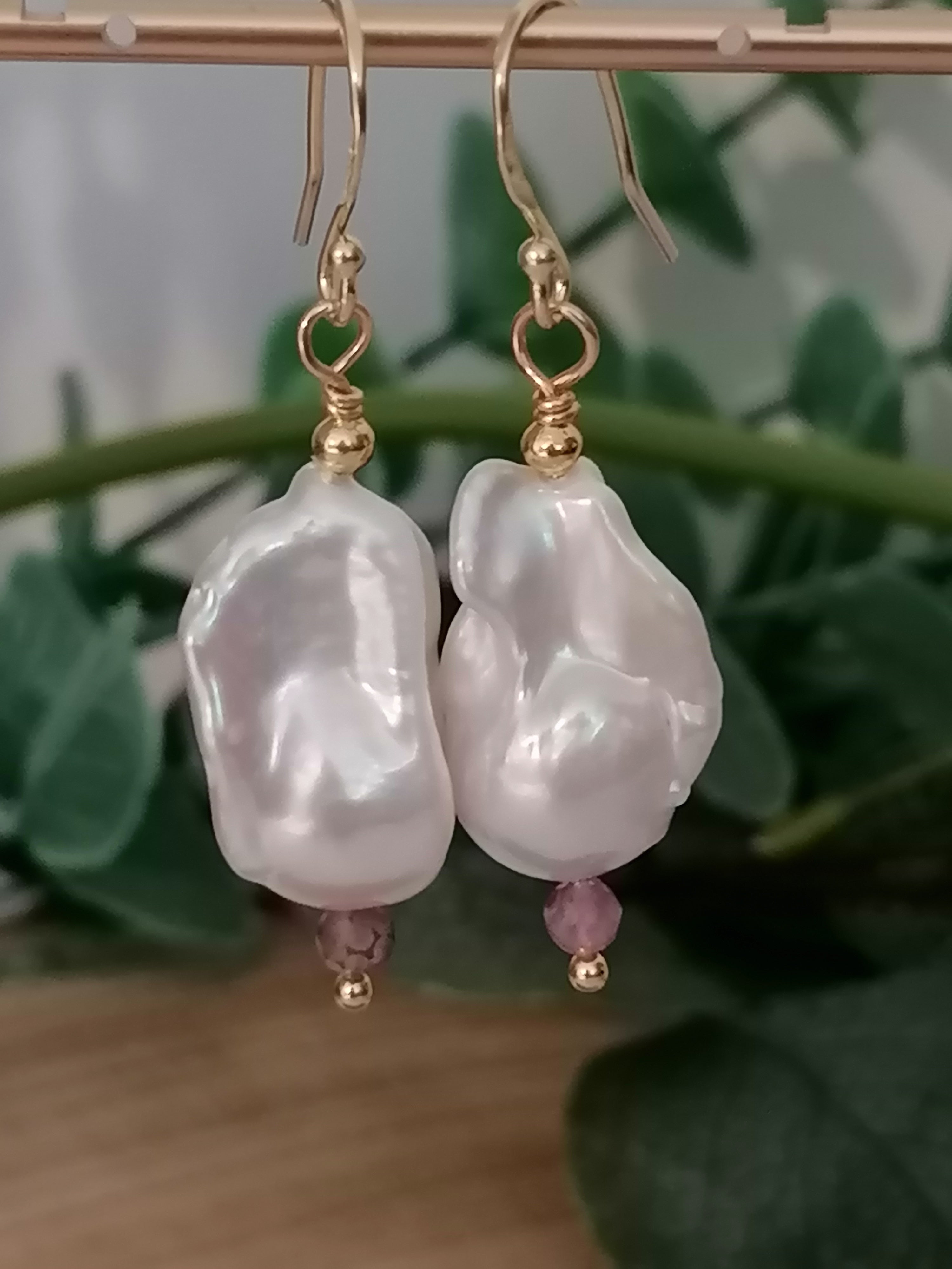 Baroque Flame ball Pearl & Amethyst Drop Earrings | 24ct Gold Vermeil