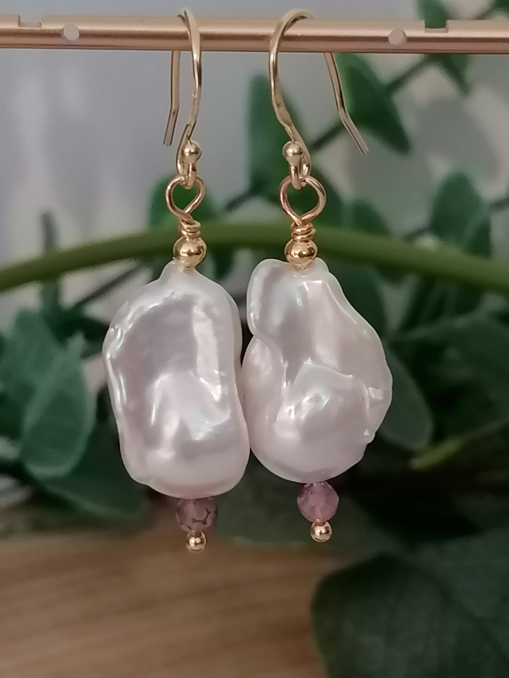 Baroque Flame ball Pearl & Amethyst Drop Earrings | 24ct Gold Vermeil