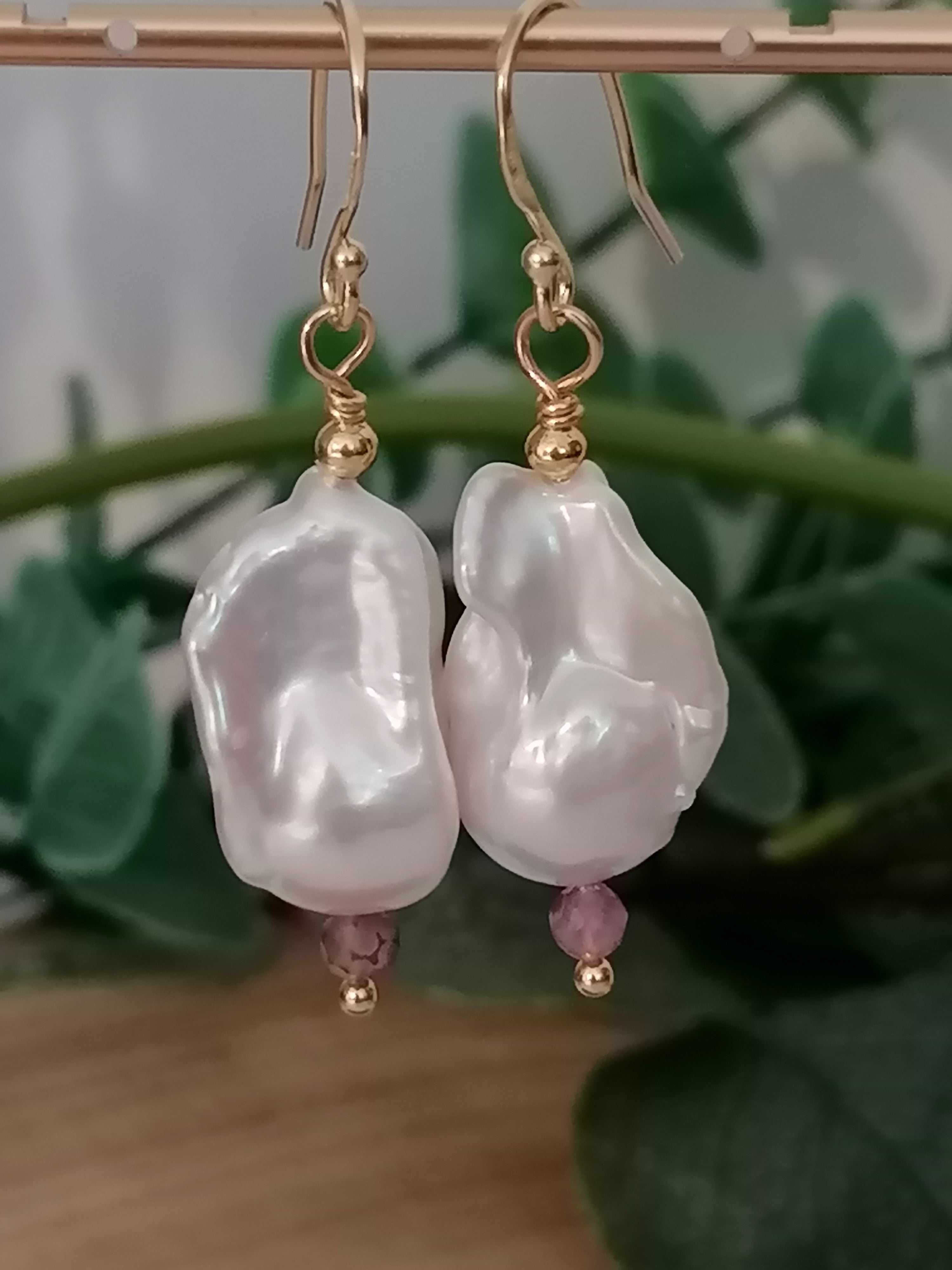 Baroque Flame ball Pearl & Amethyst Drop Earrings | 24ct Gold Vermeil
