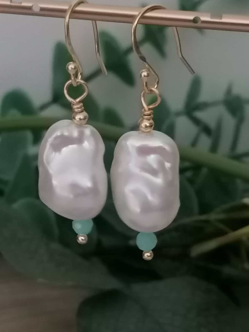 Baroque Flame ball Pearl & Amazonite Drop Earrings | 24ct Gold Vermeil