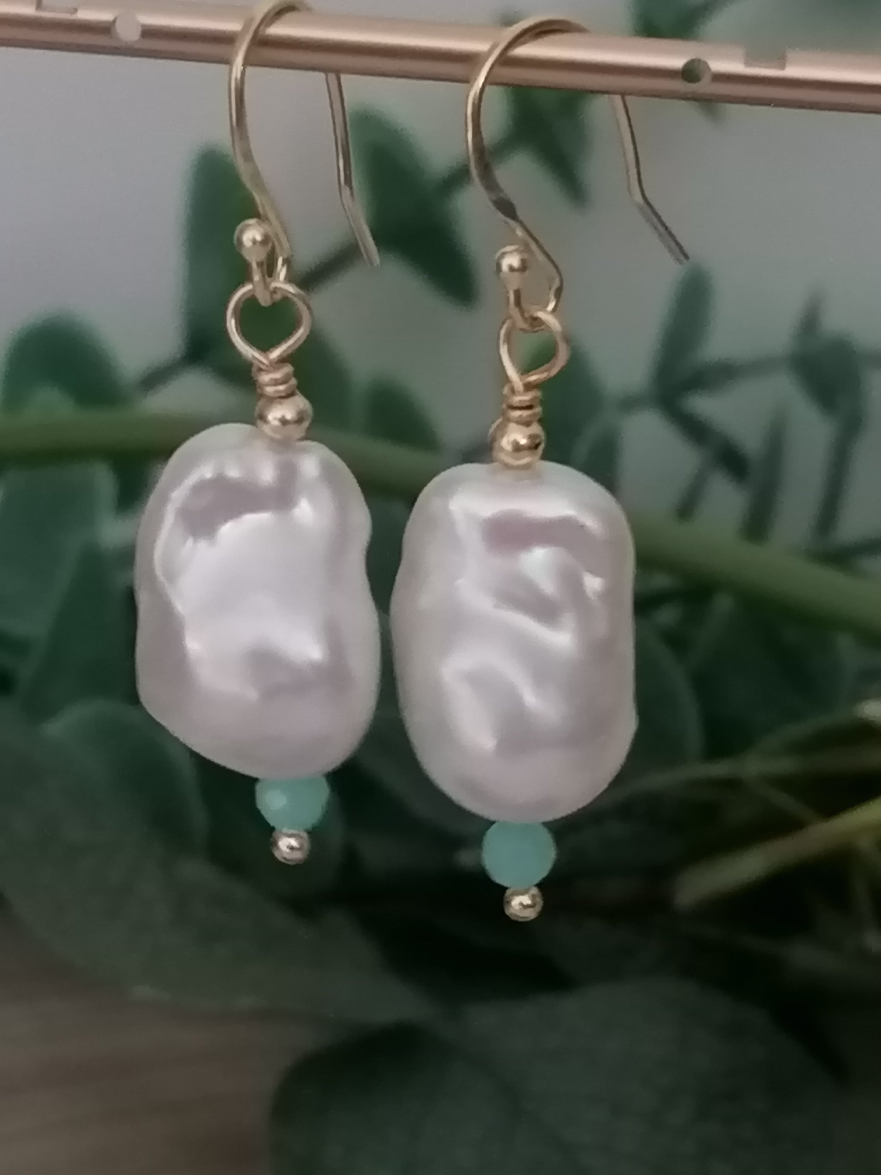Baroque Flame ball Pearl & Amazonite Drop Earrings | 24ct Gold Vermeil