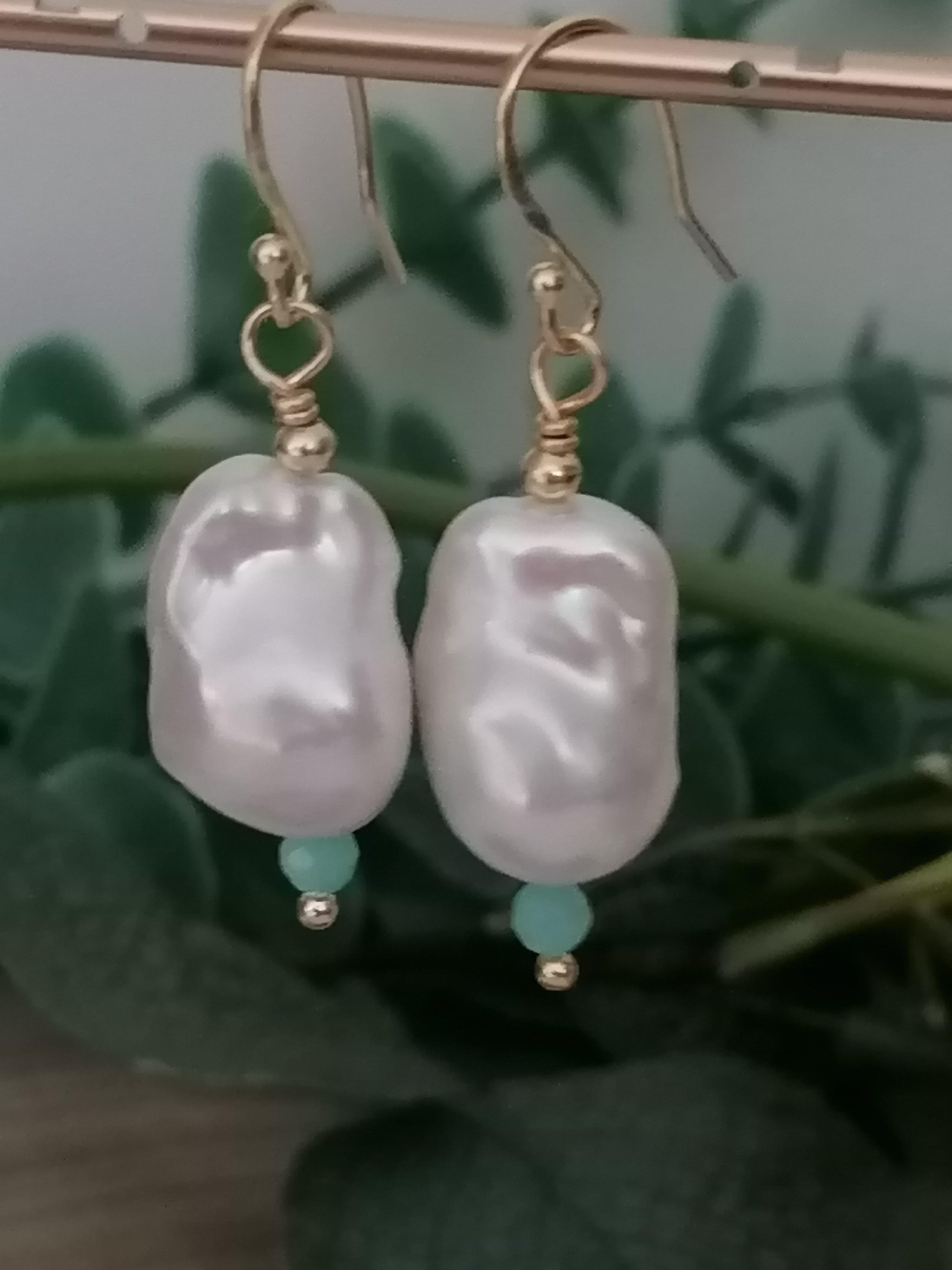 Baroque Flame ball Pearl & Amazonite Drop Earrings | 24ct Gold Vermeil