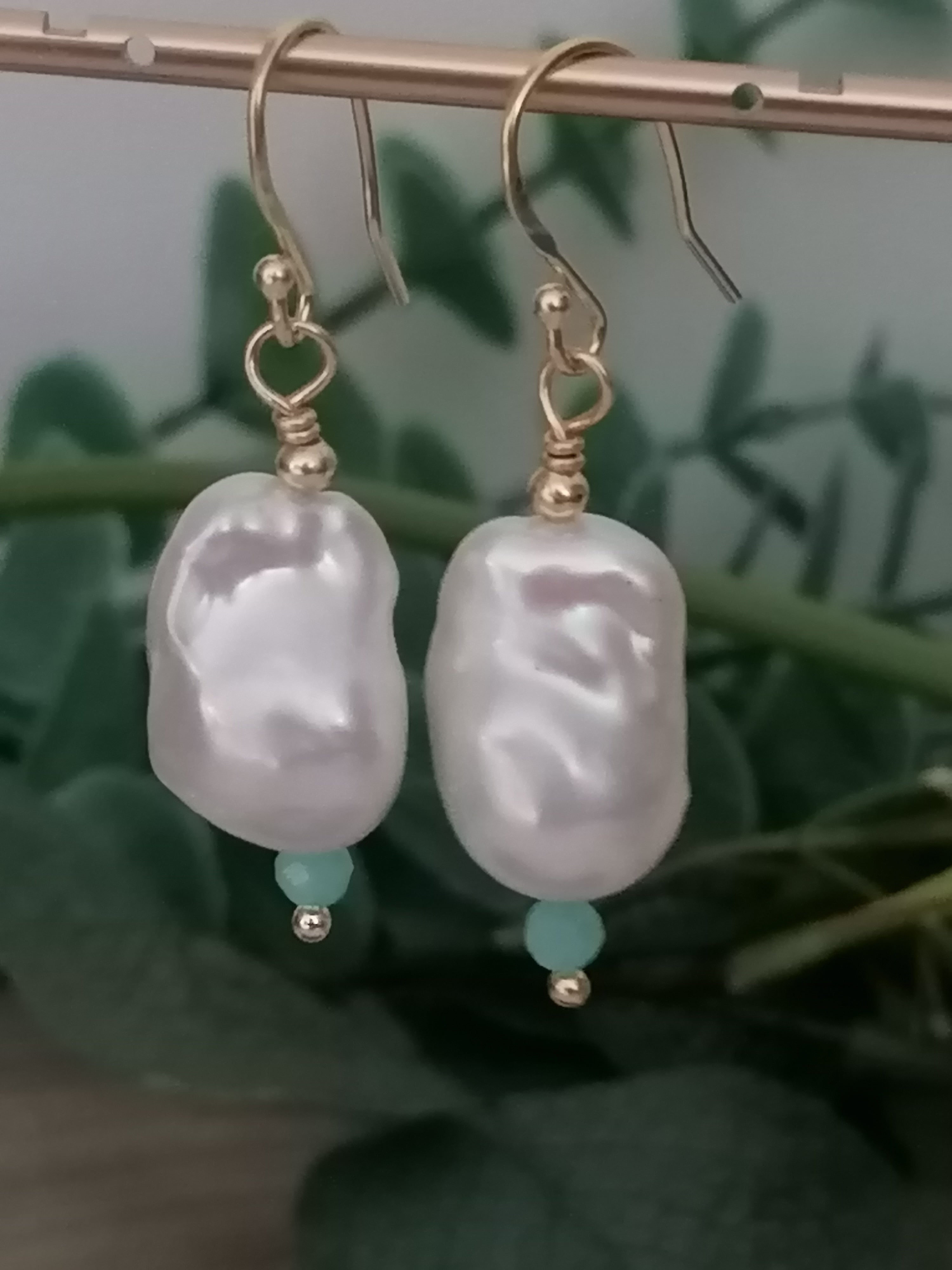 Baroque Flame ball Pearl & Amazonite Drop Earrings | 24ct Gold Vermeil