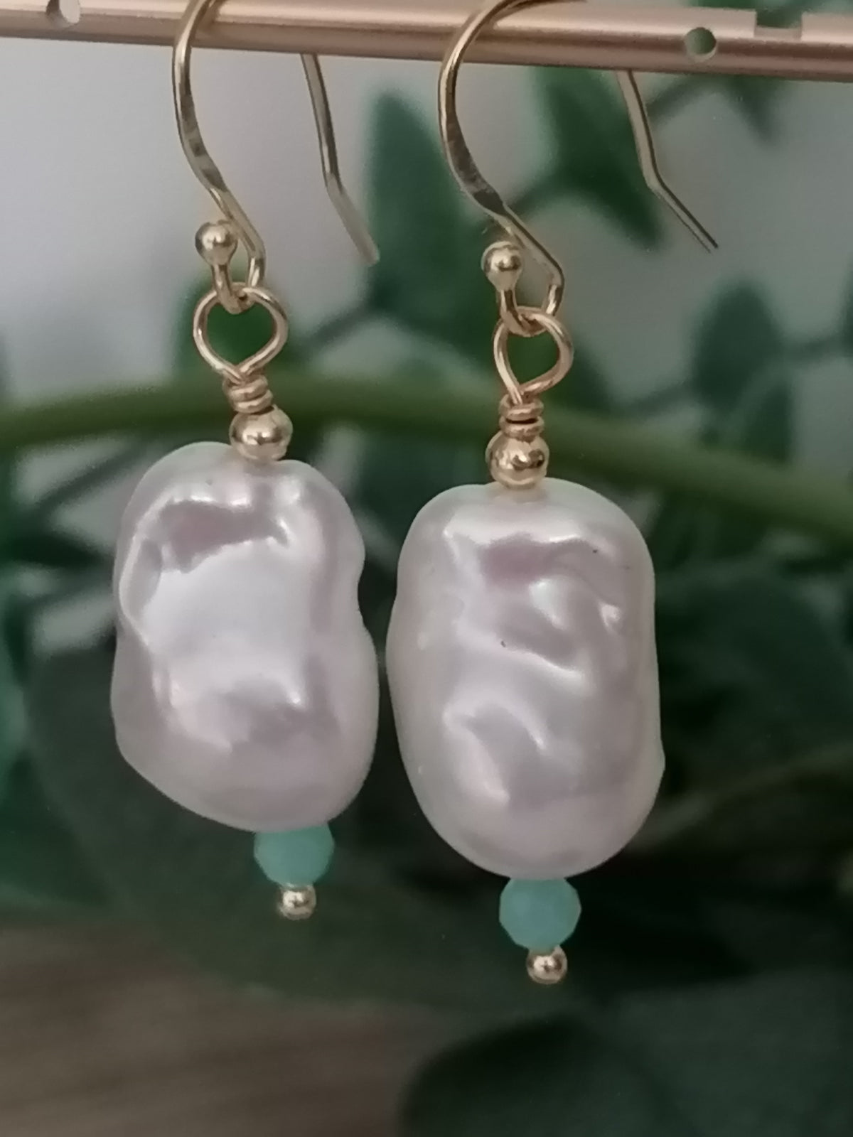 Baroque Flame ball Pearl & Amazonite Drop Earrings | 24ct Gold Vermeil