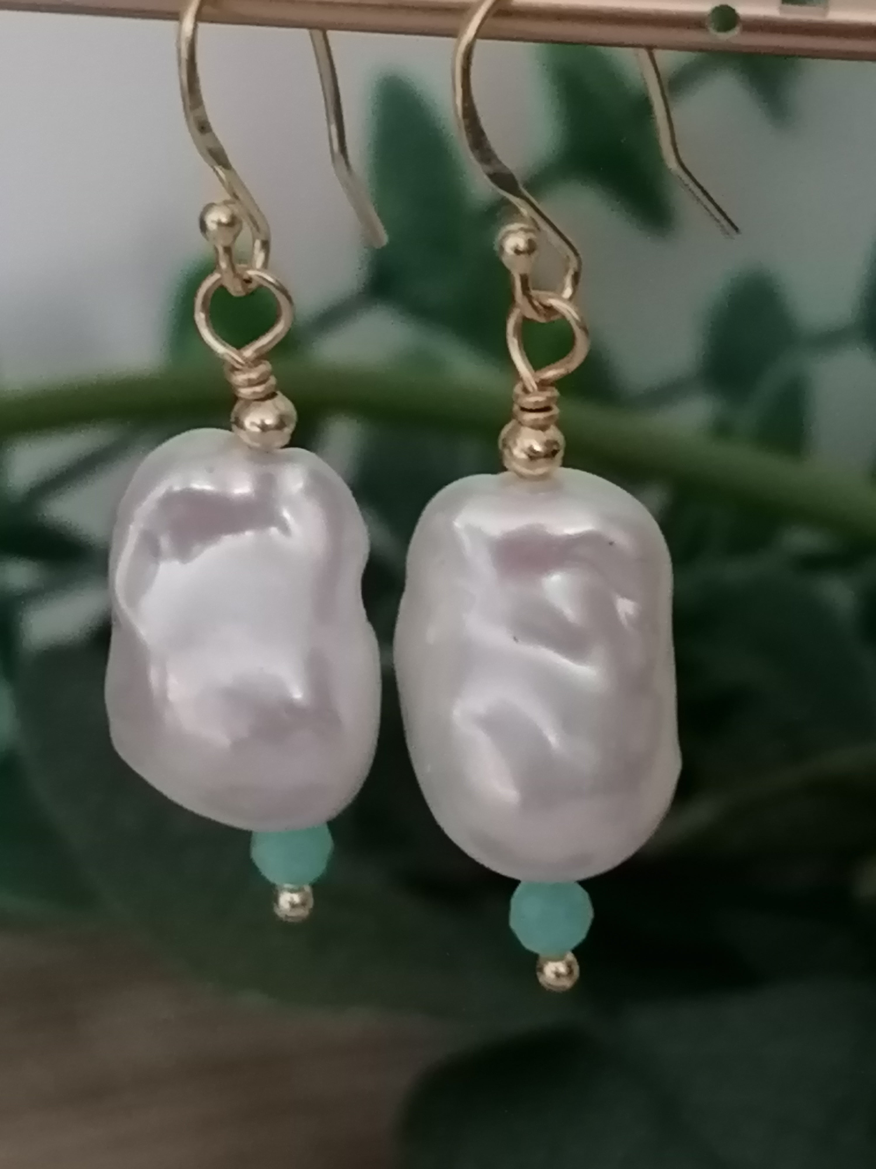 Baroque Flame ball Pearl & Amazonite Drop Earrings | 24ct Gold Vermeil