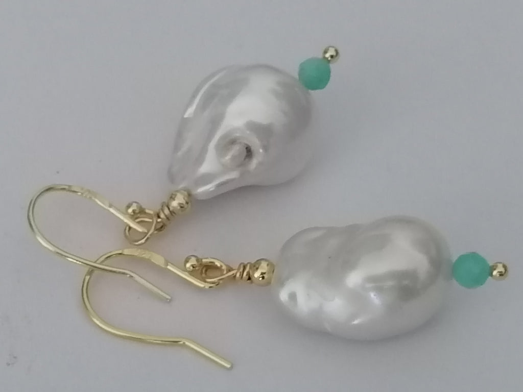 Baroque Flame ball Pearl & Amazonite Drop Earrings | 24ct Gold Vermeil