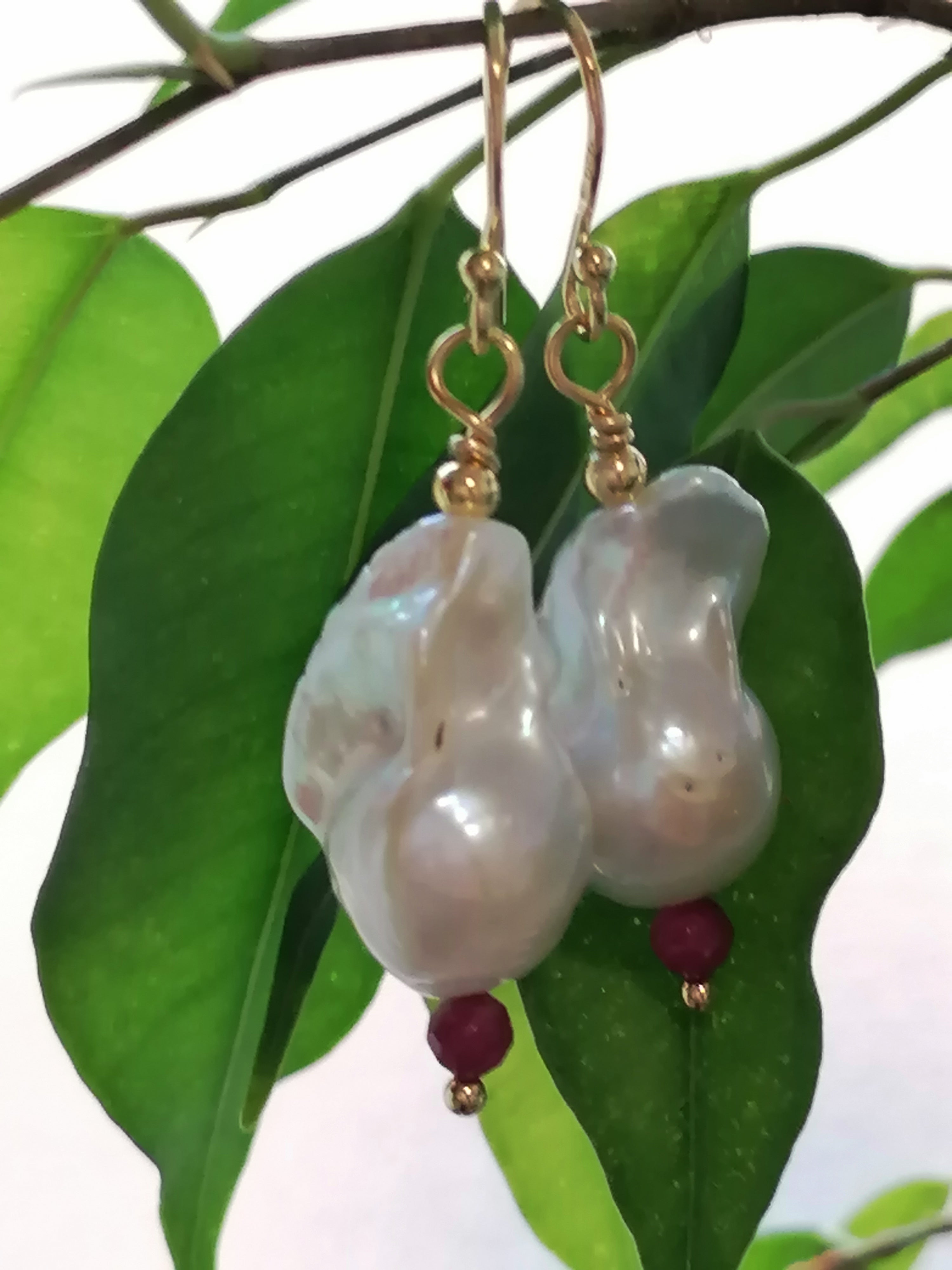 Baroque Flame ball Pearl & Ruby Drop Earrings | 24ct Gold Vermeil